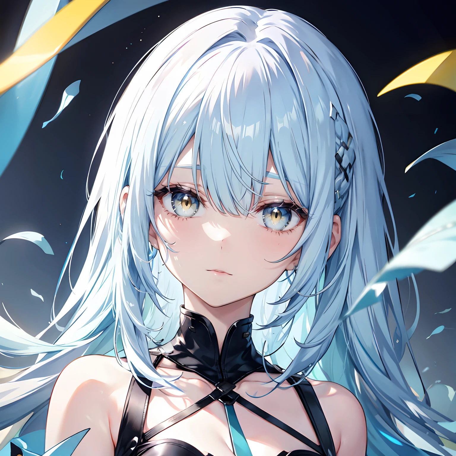 Pale blue hair,By bangs,long whitr hair,yellow eyes,By bangs,teens girl,