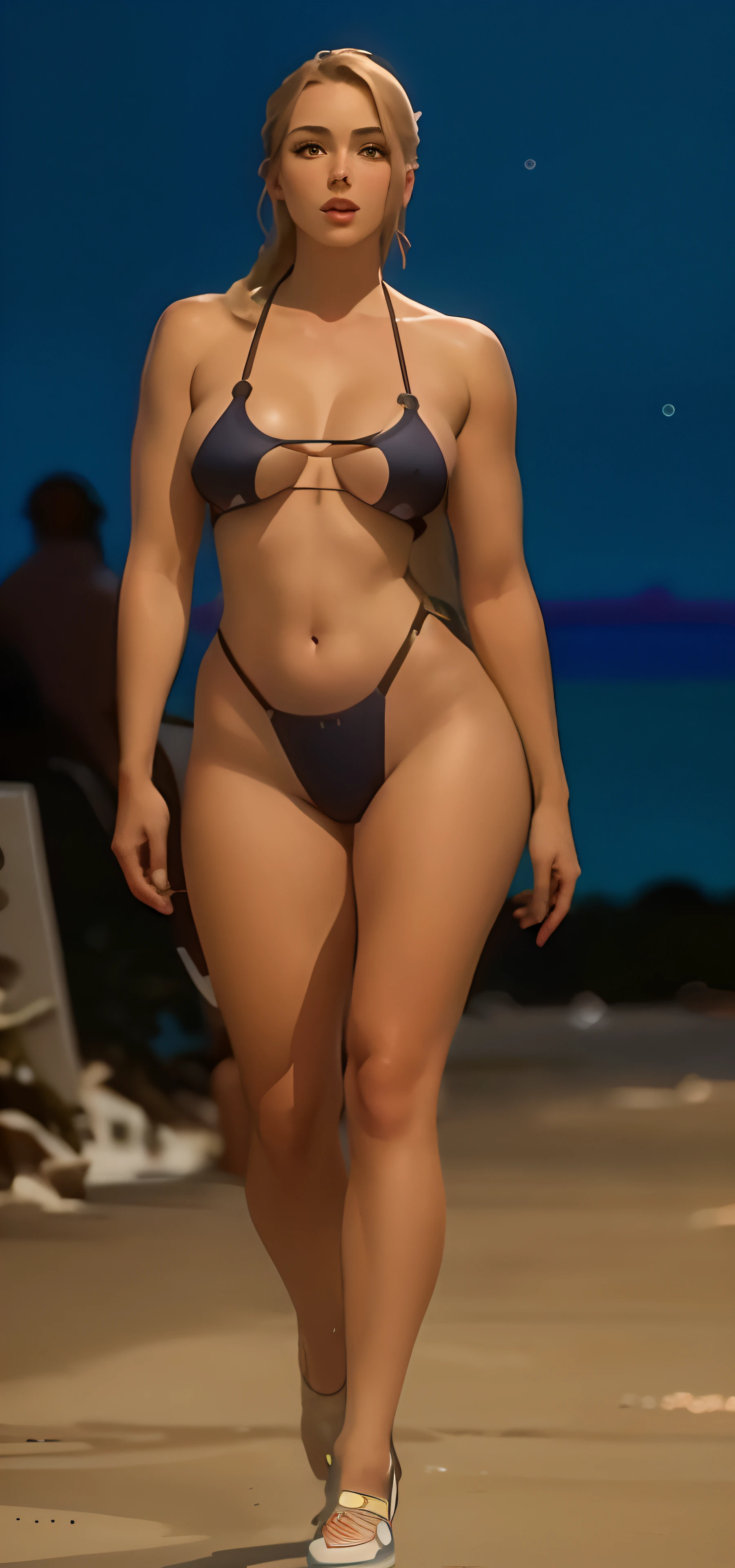 Una mujer en bikini camina por una playa con una tabla de surf, swimsuit model, is wearing a swimsuit, Modelo de bikini, Foto de cuerpo completo en bikini, Bikini azul, Hermosa modelo de bikini, swimsuit, Figura curva de reloj de arena, Bikini realista, en bikini, en bikini, curvy model, wearing two - piece swimsuit, Hermosa cara y figura, swimming suit, hermosa hembra gruesa
