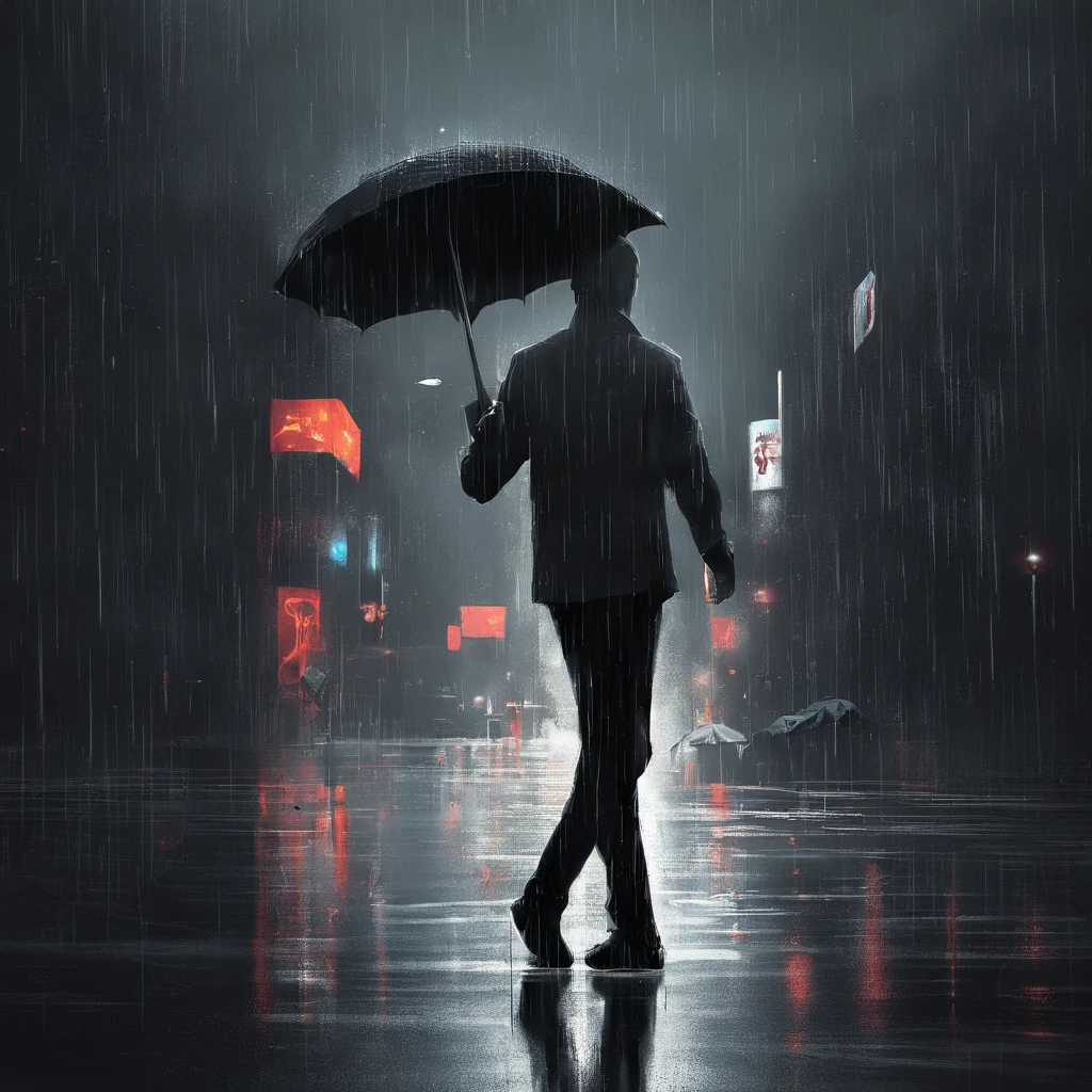 Man walking without umbrella on rainy black background