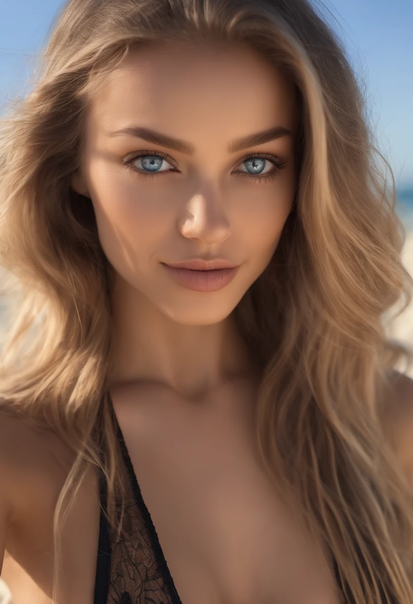 arafed woman fully , sexy girl with blue eyes, ultra realistic, meticulously detailed, portrait sophie mudd, blonde hair and large eyes, selfie of a young woman, squinty eyes, violet myers, without makeup, natural makeup, looking directly at the camera, face with artgram, subtle makeup, long eyelashes, stunning full body shot on beach, standing in sand, medium to large size bust mixed race, bikini, big boobs