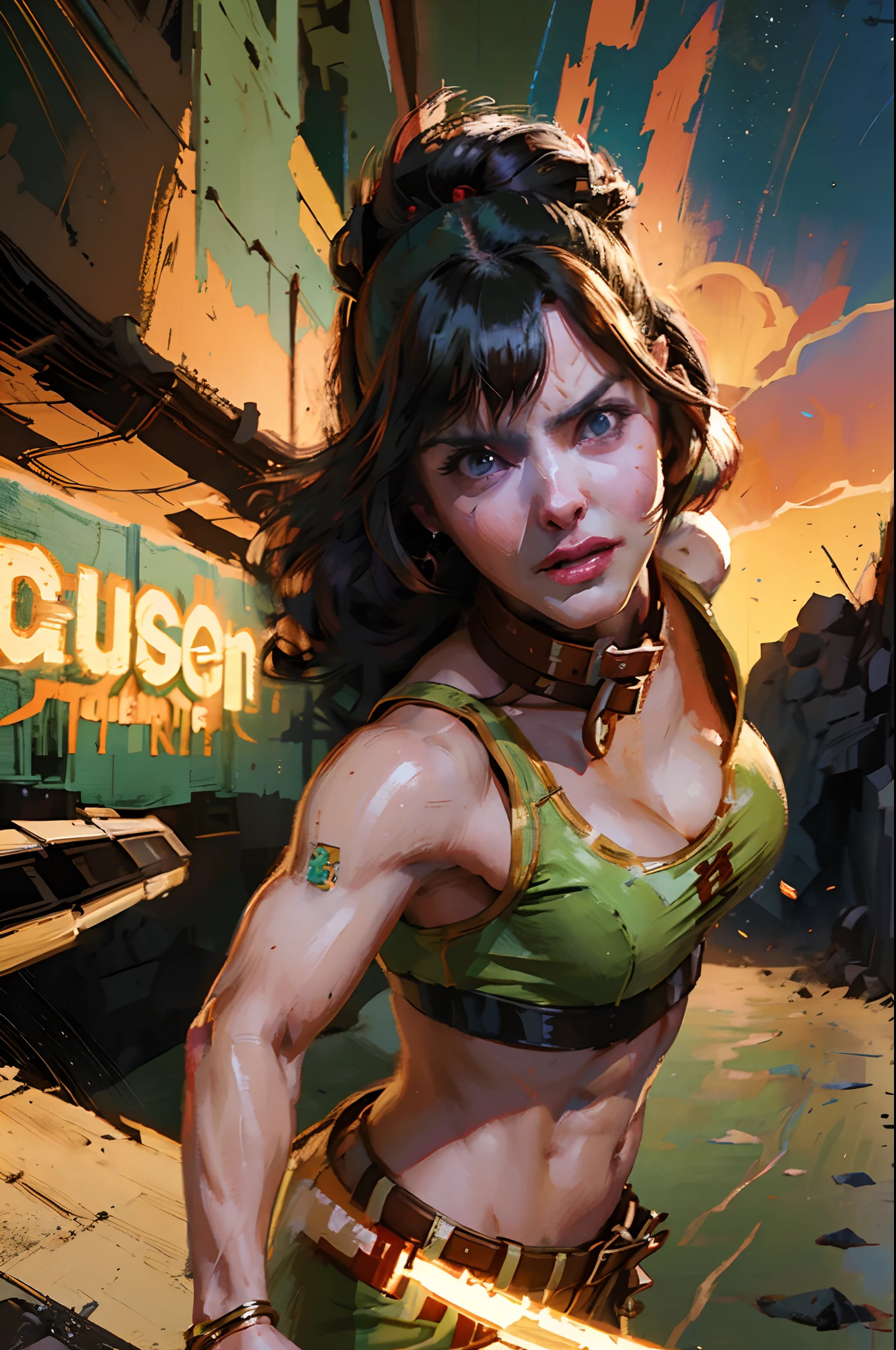 a woman poses in a desert area, time traveling bloodthirsty gunwoman, muscle girl, green uniform, gorgeous female, a sexy brunette warrior, (anna faris:1.3), cool scars, facial expression (crazed:1.2)