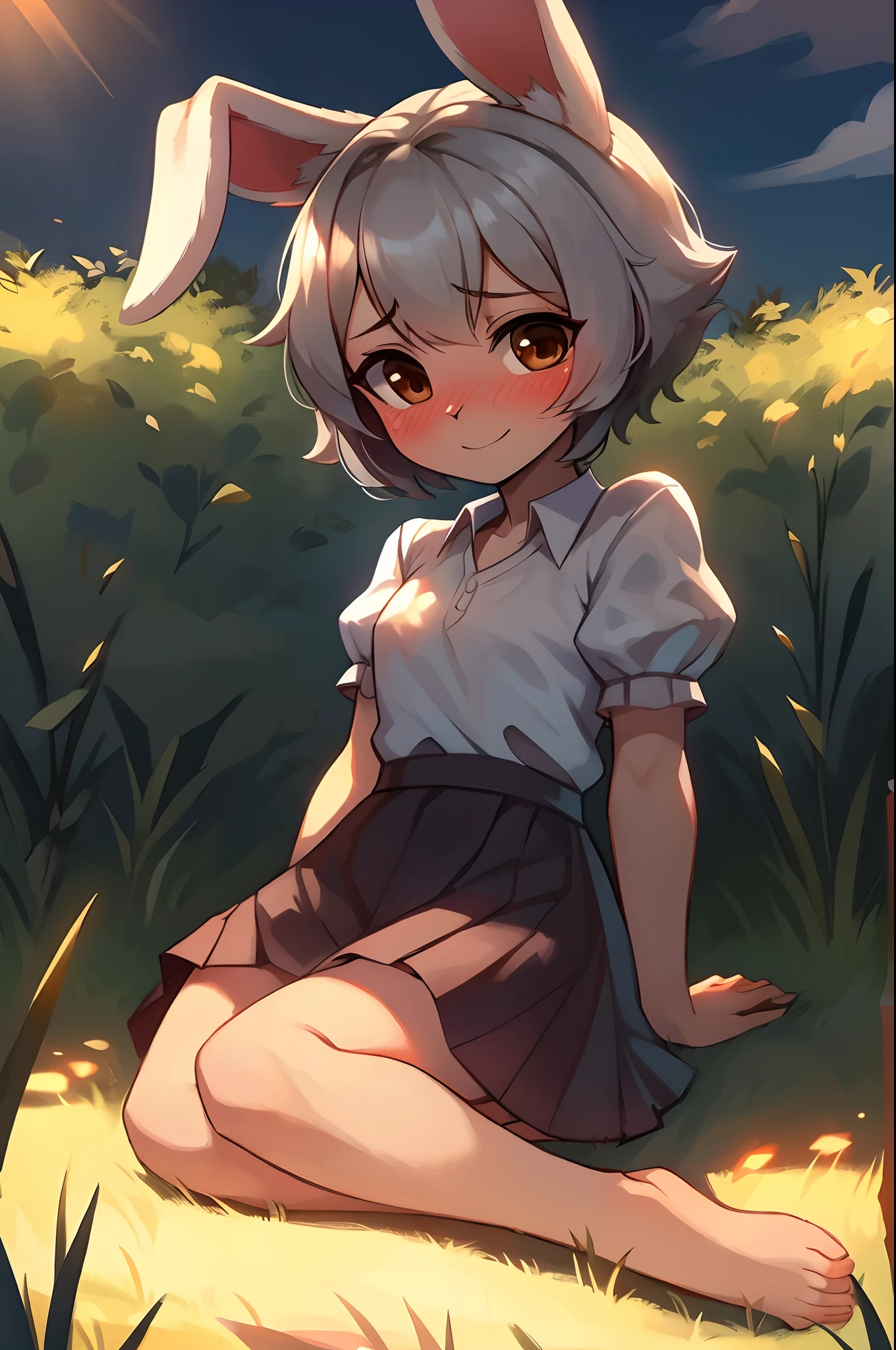 ((Masterpiece, Best quality)),1girll, Solo, Animal ears, Rabbit, Barefoot, Skirt, Sitting, Rabbit ears, Short sleeves, (teasing, Shy, Blushing: 1.3), Looking at the audience, Grass, Short hair, Gray hair, Puff sleeves, Outdoors, Fluffy short sleeves, bangs, On the ground, full bodyesbian, Animal, White dress, Sunlight, Brown eyes, Mottled sunlight, Daytime,