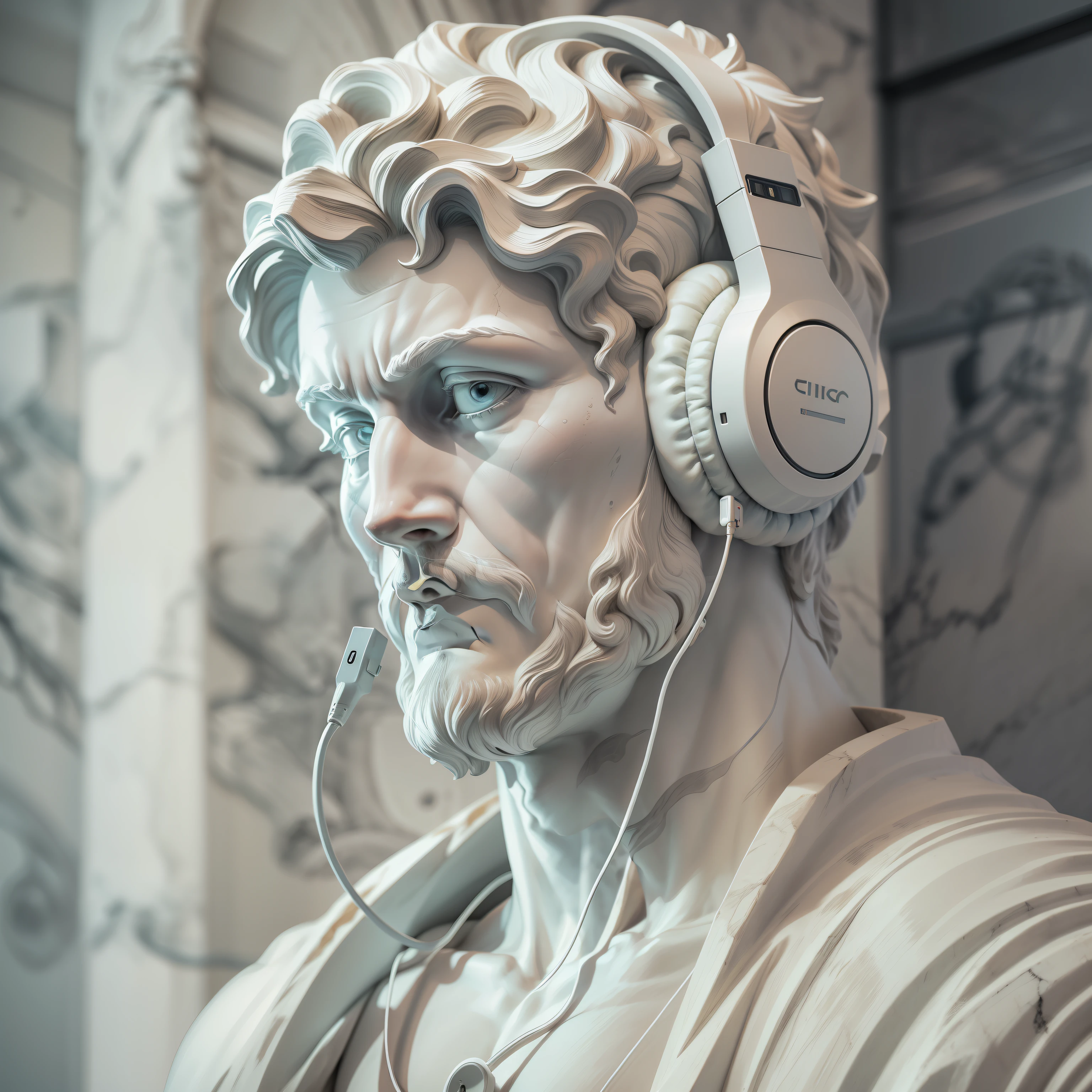 Create an ancient Greek-style sculpture depicting a modern DJ. The figure must be in a dynamic and sensual pose, with one hand adjusting the headphones and the other on the soundboard. A escultura deve incluir,Fones de Ouvido: Grandes e modernos, carved in marble.Mesa de Som: Mix of modern technology with classic Greek elements,Corrente de Ouro: Robusta, hanging from the neck.Clear glasses: With a translucent appearance, como vidro.Cabelo Rasta: Dreadlocks caindo para a frente, parcialmente cobrindo o rosto.Sculpture Style Erotic and Sensual Position: Stoic sophistication.Totally Nude Facial Expression: Philosophical serenity with light sensual provocation.Proportions and Musculature: Greek Classic.Vestimenta  Tradicional grega adaptada ao visual de DJ.Base e Contexto:Combination of Greek classical elements and modern music symbols.White marble, detalhes em dourado, translucent glasses.
