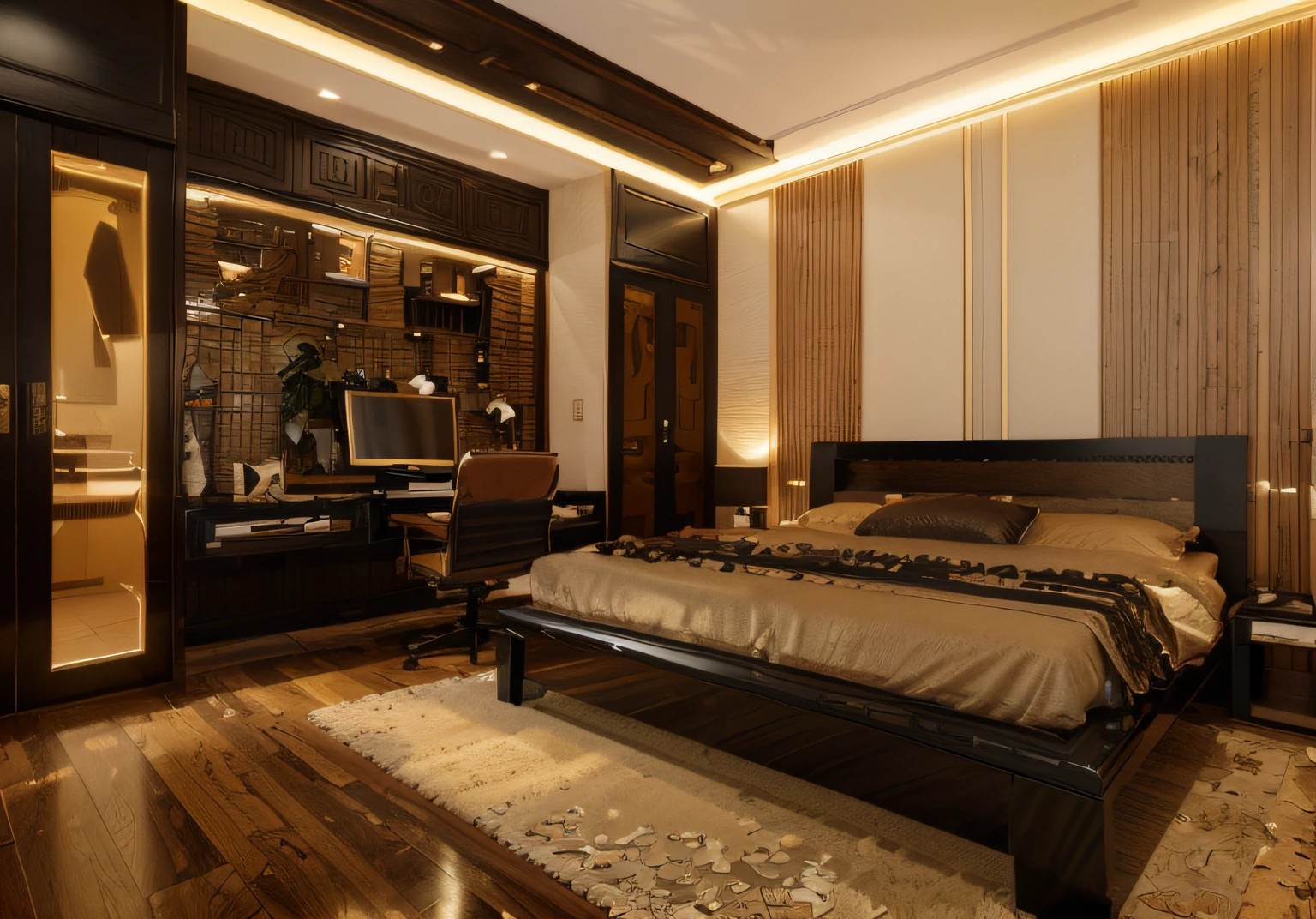 ((Best quality, 8k, Masterpiece :1.3)), Sharp focus :1.2, (Bedroom indochina BLACK Wood design: 1.3), (leaf door panel:1.1), (((black painted wooden furniture:1.1))), (photo realisstic: 1.2), (hyperdetails: 1.2), 1 chair, oriental classical pattern wall paneling, 1 classical altar, 2 ottomans, style cabinets Indochina, orange wall, indoor, indochina pano door, (Ceiling made of rattan and plasterboard), Stylized lotus pattern, stylized lotus-themed decorative painting, glossy marble floor,Round feather carpet, tiled floor with geometric pattern with border, bedside cabinet with curling iron pattern, Curved iron door, wooden frame door with panel made of wrought iron pattern combined with dó paper, daylight, Unreal Engineer 8K, full HD 8K
