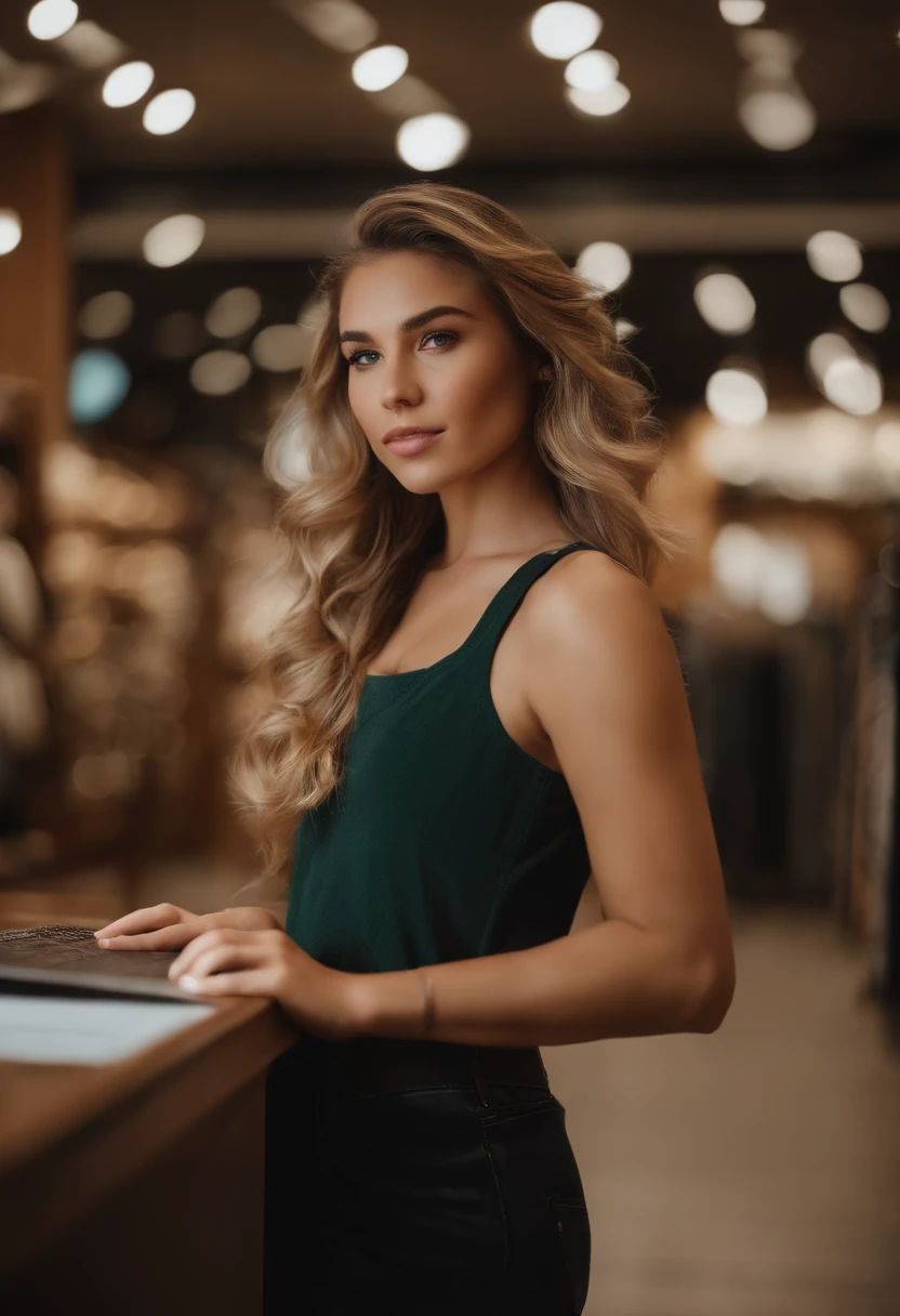 (Mikayla Demaiter) person posing in a mall clothing store, best quality, 1girl, blur background, (dynamic pose: 1), at home, at her desk, soft lighting, wind, ((portrait:1.4))