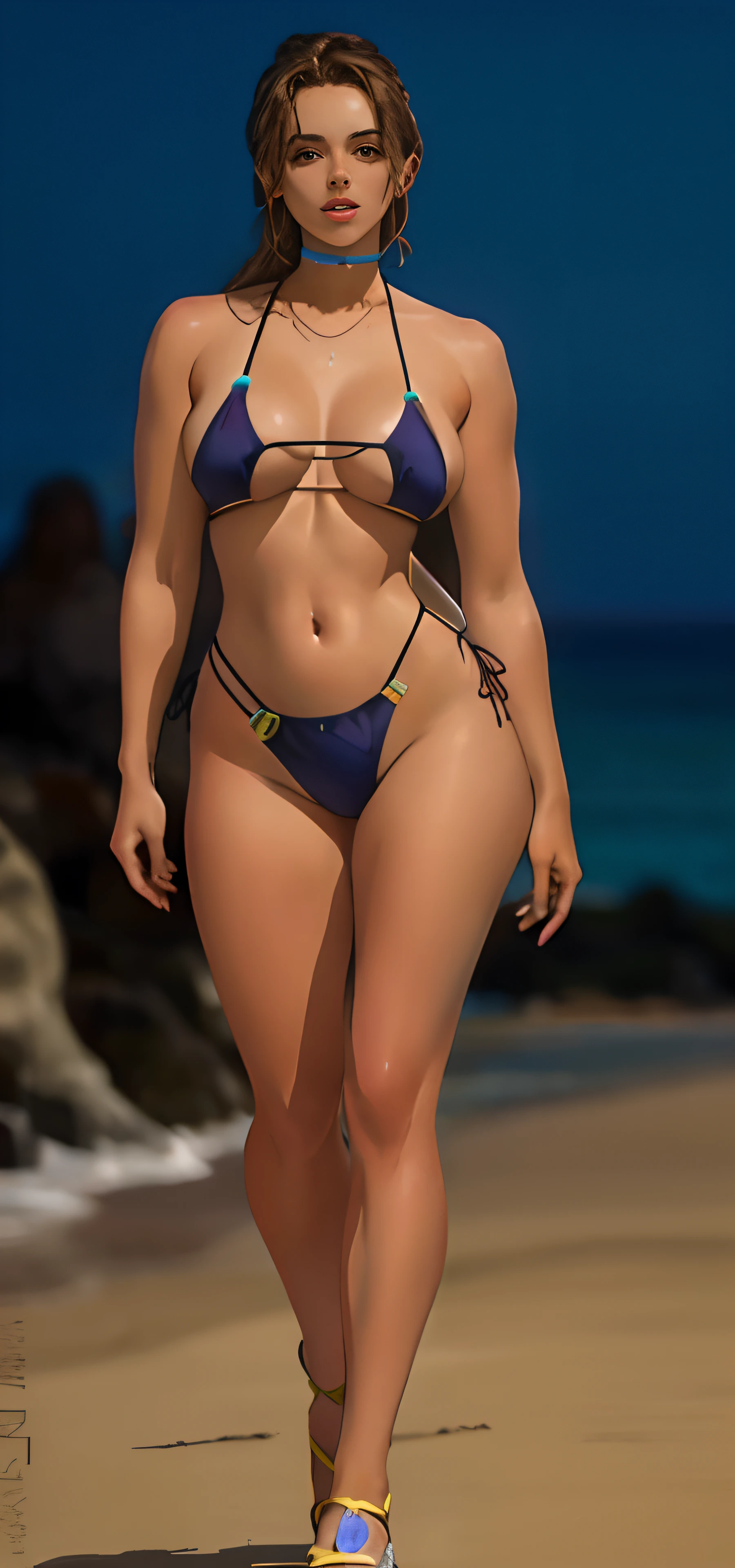 Una mujer en bikini camina por una playa con una tabla de surf, swimsuit model, is wearing a swimsuit, Modelo de bikini, foto de cuerpo completo en bikini, Bikini azul, Hermosa modelo de bikini, swimsuit, Figura curva de reloj de arena, Bikini realista, en bikini, en bikini, curvy model, wearing two - piece swimsuit, Hermosa cara y figura, swimming suit, hermosa hembra gruesa