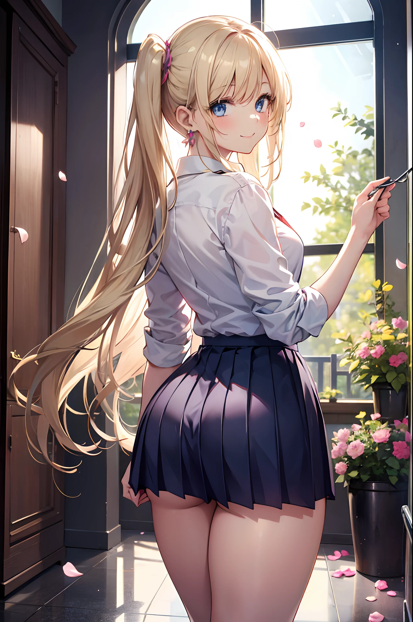 Realistic and detailed image of a girl dressed in school uniform and pleated mini skirt. She has long wavy blonde hair in pigtails. Blue eyes. She has earrings, long eyelashes. she has small breasts, slim waist, wide hips and thick thighs. smiling, pleased face. arched back. She is in a high school hallway next to a garden with flower petals falling around her.