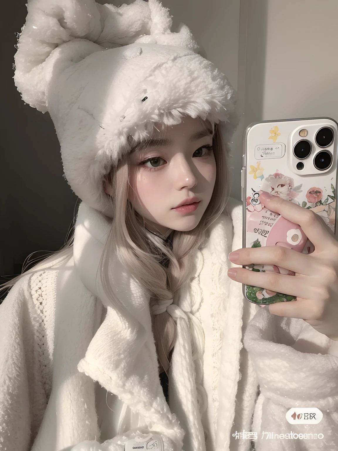 There's a woman taking a selfie with a cell phone, Very beautiful cute catgirl, Dulce conejita ultrarrealista, ulzzang, Blanco ( gato ) girlish, pale snow white skin, con pelo largo blanco, Chica gato blanco, Smol Gato esponjoso con sombrero Smol, 8k selfie photograph, Ruan lindo vtuber, pale milky white porcelain skin