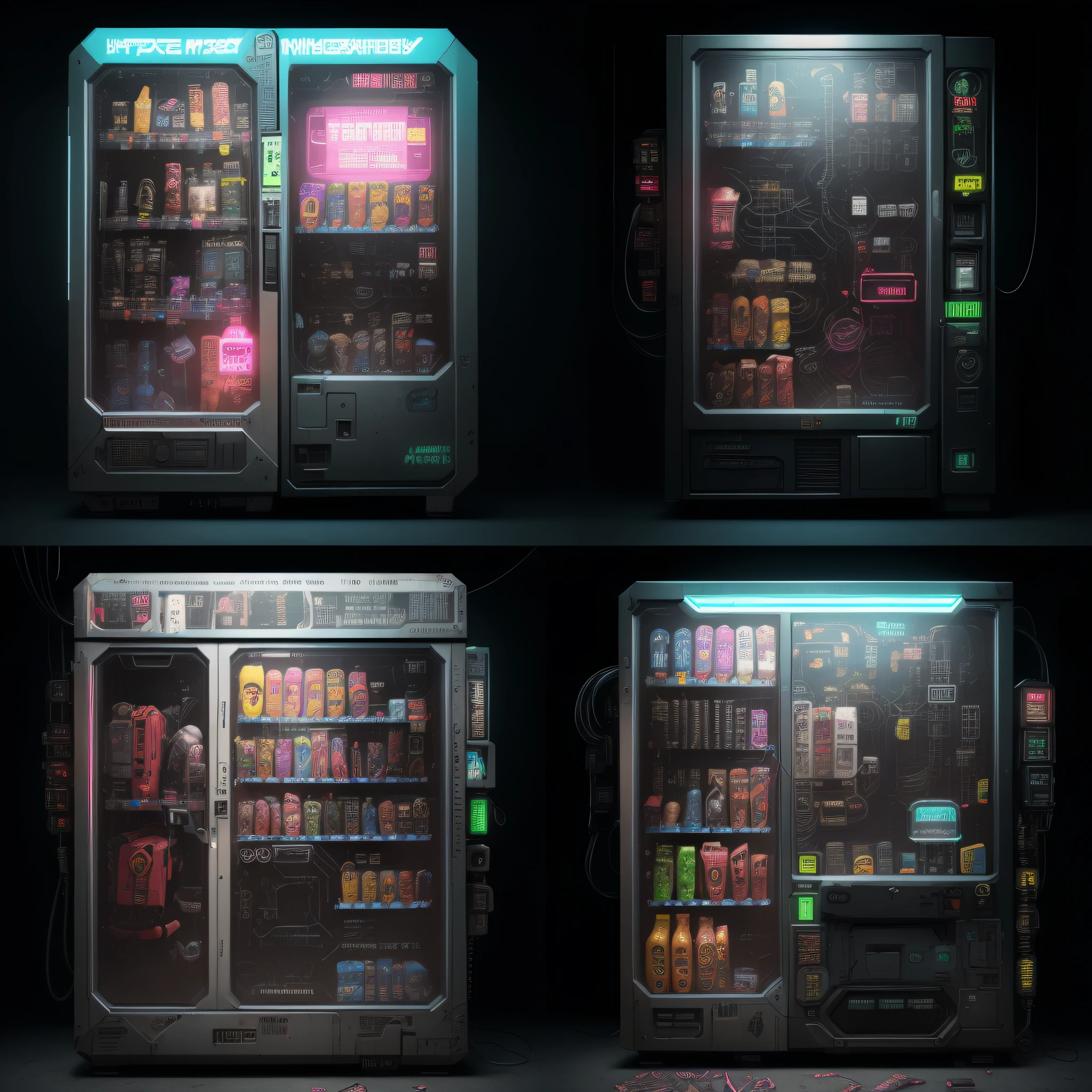 Vending machine close-up，There are a bunch of items inside, sci-fi vending machine, sci-fi vending machine, cyberpunk aesthetics, cyberpunk ads, Cyberpunk IKEA, cyber punk setting, Hyper-realistic cyberpunk style, Cyberpunk concept art, cyberpunk aesthetics, Cyberpunk Style ， Hyperrealistic, cyberpunk artifacts, cyberpunk theme art, Cyberpunk art style, Cyberpunk machine