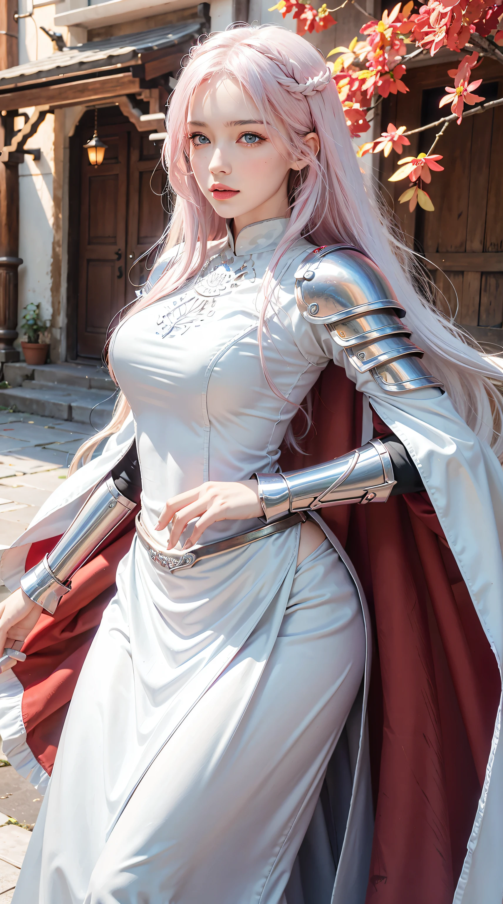 photorealistic, high resolution, 1women, shining skin, solo, hips up, tattoo, jewelry, pink lips, long white hair, blue eyes, closed mouth, castle, full armor, red armor, armored skirt, cloak,