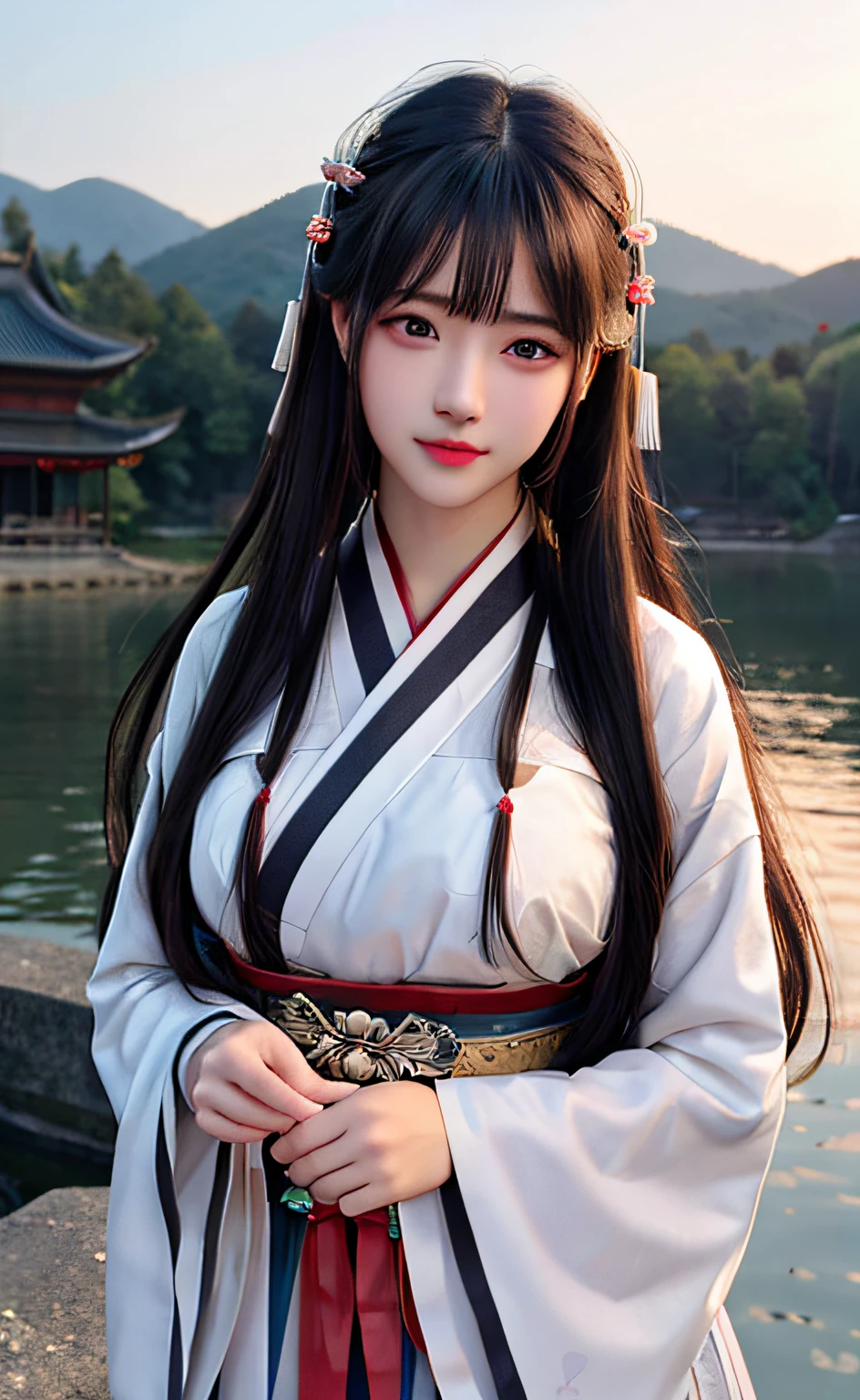 upper body,masterpiece, best quality,(photorealistic:1.4), highres, long hair, jewelry hairpin, large breast, riverside and rock or temple or bridge,
hanstyle, han clothing, hanfu, see-through,