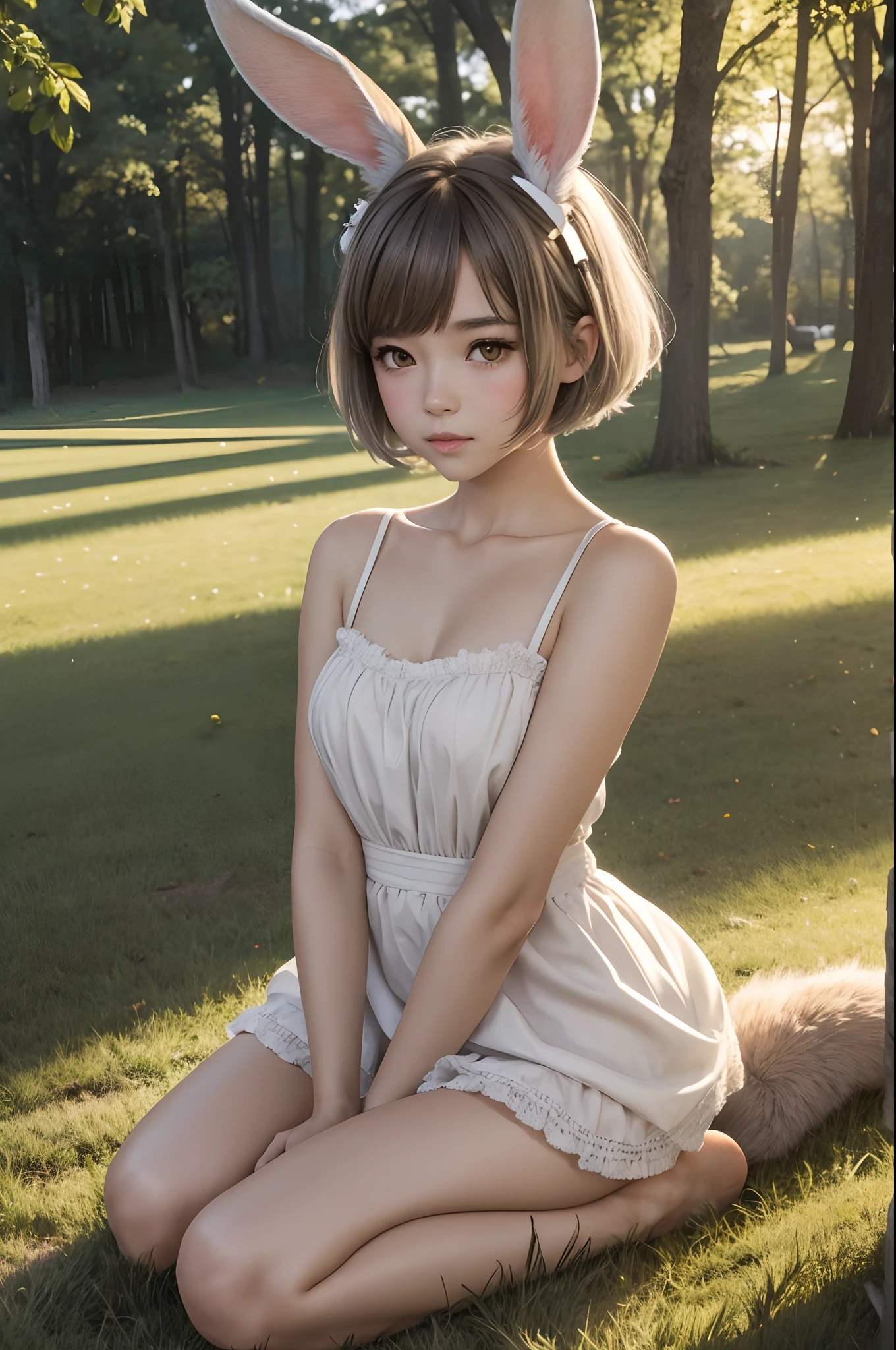 ((Masterpiece, Best quality)),1girll, Solo, Animal ears, Rabbit, Barefoot, Skirt, Sitting, Rabbit ears, fur underwear, (teasing, Shy, Blushing: 1.3), Looking at the audience, Grass, Short hair, Gray hair,  bangs, On the ground, full bodyesbian, Animal, White dress, Sunlight, Brown eyes, Mottled sunlight, Daytime,