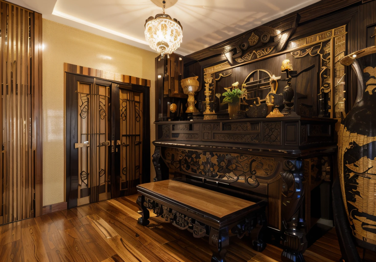 ((Best quality, 8k, Masterpiece :1.3)), Sharp focus :1.2, (Bedroom indochina BLACK Wood design: 1.3), (leaf door panel:1.1), (((black painted wooden furniture:1.1))), (photo realisstic: 1.2), (hyperdetails: 1.2), 1 chair, oriental classical pattern wall paneling, 1 classical altar, 2 ottomans, style cabinets Indochina, orange wall, indoor, indochina pano door, (Ceiling made of rattan and plasterboard), Stylized lotus pattern, stylized lotus-themed decorative painting, glossy marble floor,Round feather carpet, tiled floor with geometric pattern with border, bedside cabinet with curling iron pattern, Curved iron door, wooden frame door with panel made of wrought iron pattern combined with dó paper, daylight, Unreal Engineer 8K, full HD 8K