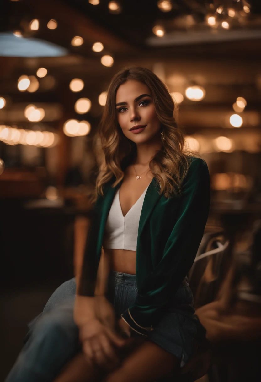 (Mikayla Demaiter) person posing in a club , best quality, 1girl, blur background, bokeh, (mall:1.4), ((wearing casual clothes), gorgeous, beautiful, (dynamic pose: 1), at home, at her desk, soft lighting, wind, ((portrait:1.4))