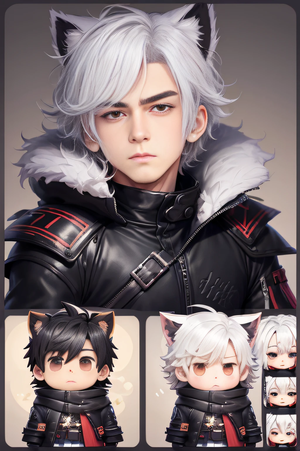 a sticker,Handsome boys\(Libido boy\)(kawaii:1.2),Fluffy coat,chibi character, Model style, small, Comfortable background, Platinum-BR,9,.9 emojis,9 poses and expressions,Different emotions,Different expressions,Different actions,8K