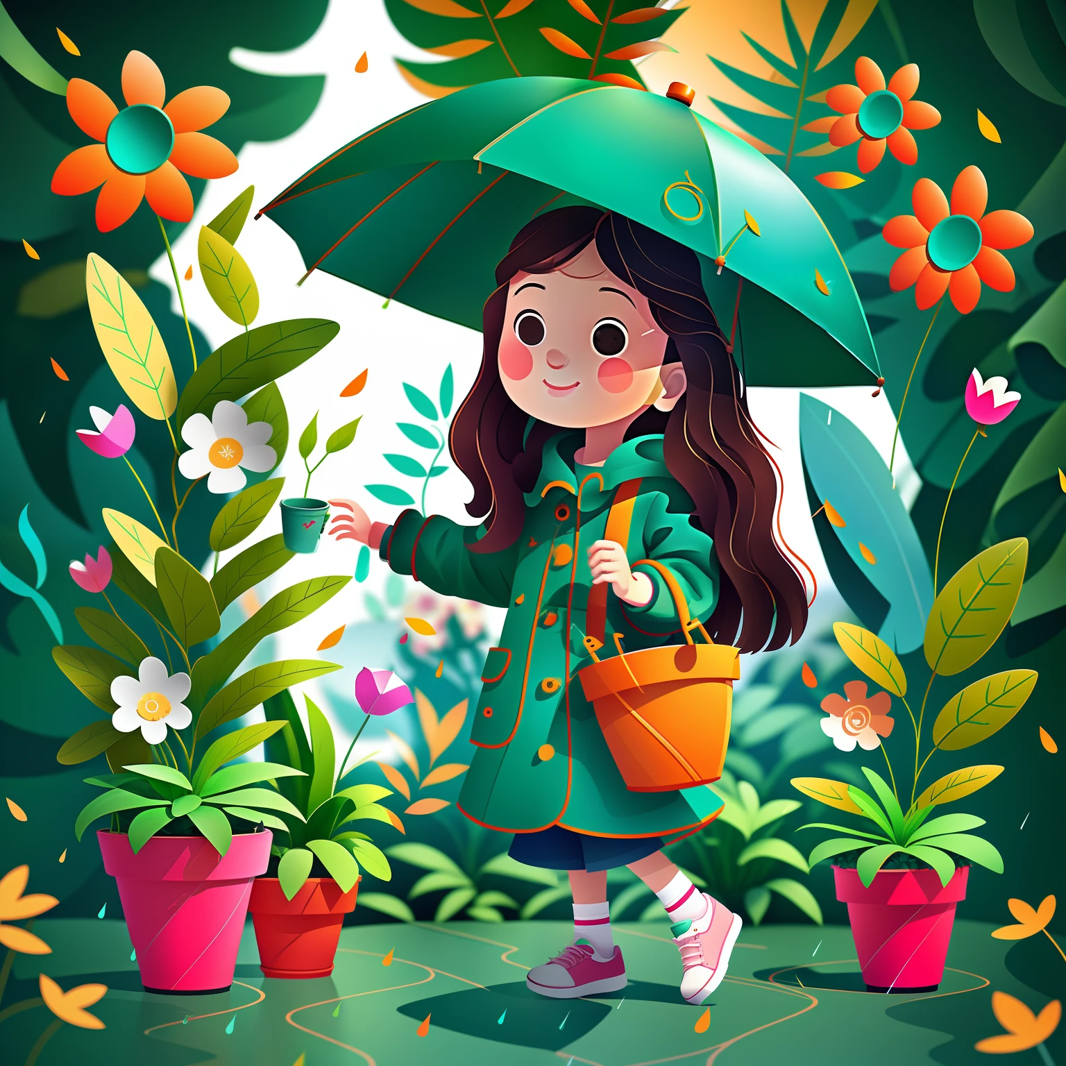 Long-haired girl，wearing rain coat，Take an umbrella，plant，Flower pots，O logo，vectorial，Line art，designs，Inspiration，straight line，对称