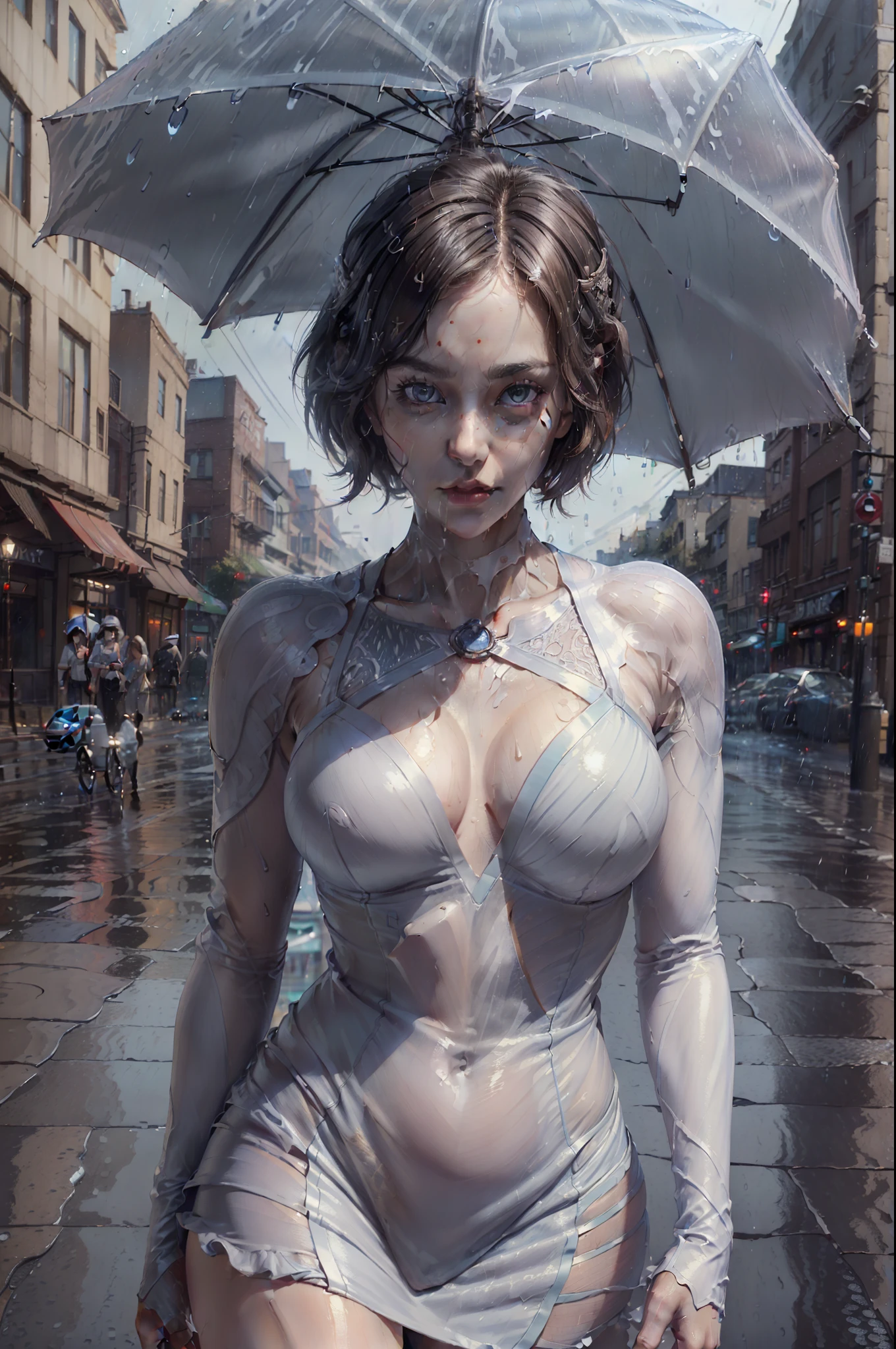 ((Bestquality, 8k, a masterpiece:1.3)), Focus:1.2, Perfect body beauty:1.4, buttocks:1.2, ((Cut hair in layers, Normal chest:1.2)), , (Rain, Street:1.3), JK dress:1.1, Highly detailed facial and skin texture, Detailed Eyes, Double eyelidd,Whiten skin,length hair,(Round face:1.5)