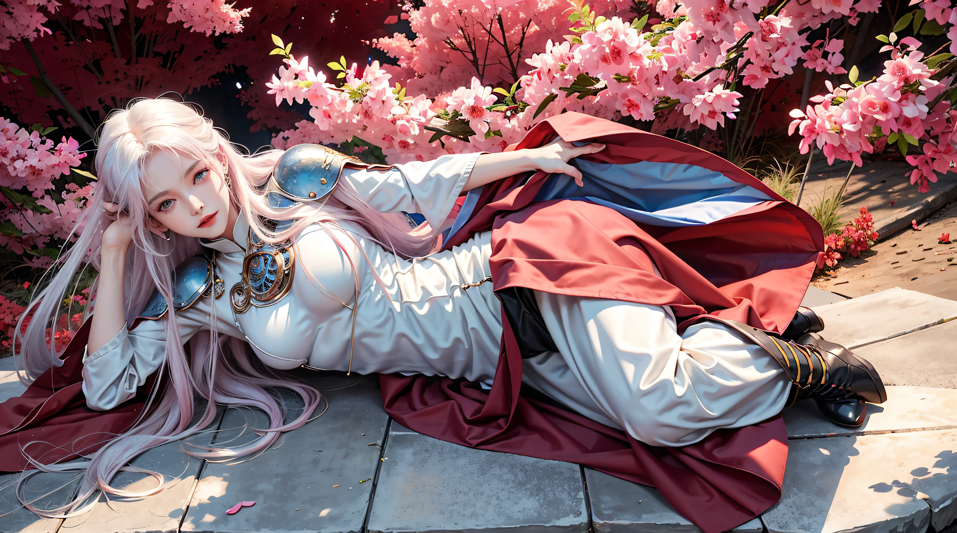 photorealistic, high resolution, 1women, shining skin, solo, hips up, tattoo, jewelry, pink lips, long white hair, blue eyes, closed mouth, castle, full armor, red armor, armored skirt, cloak,