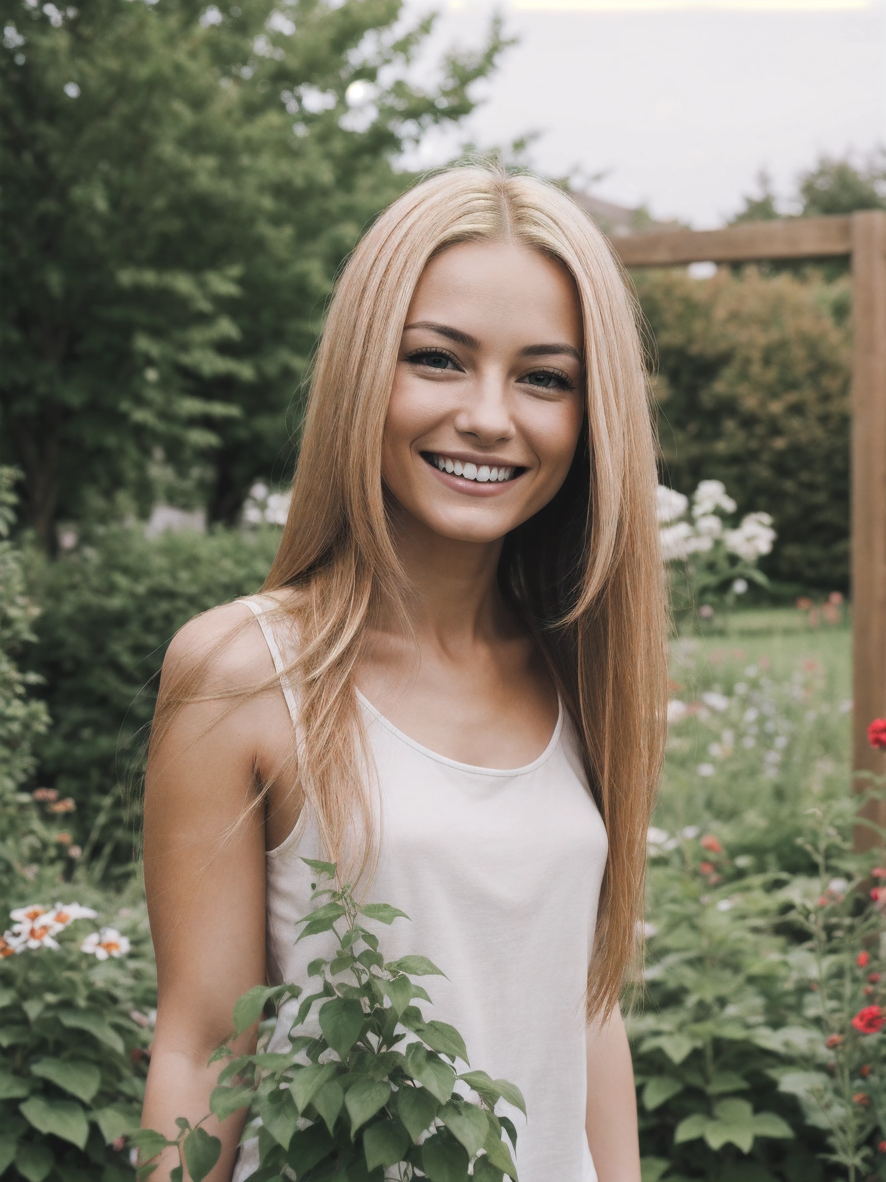 (b@st3do:1), candid photo of a woman, blonde hair, smile, straight hair, garden