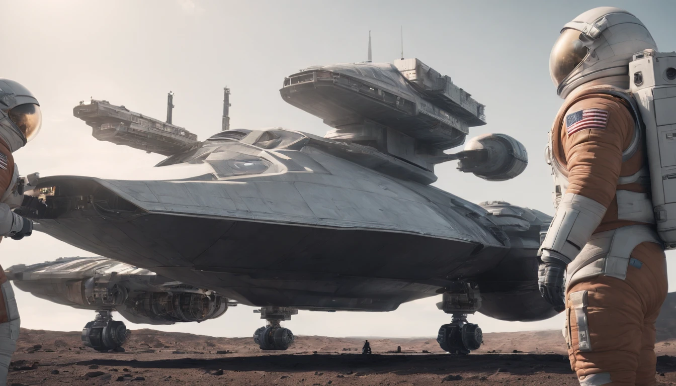 An astronauts back in front of a colossal Space ship the size of 3 cities in length, in the shape of a destroyer battlestar galactica ship, floating in space, computer background, cinematic, realism, crystal clear, micro-details, photo-realism, photo-realistic