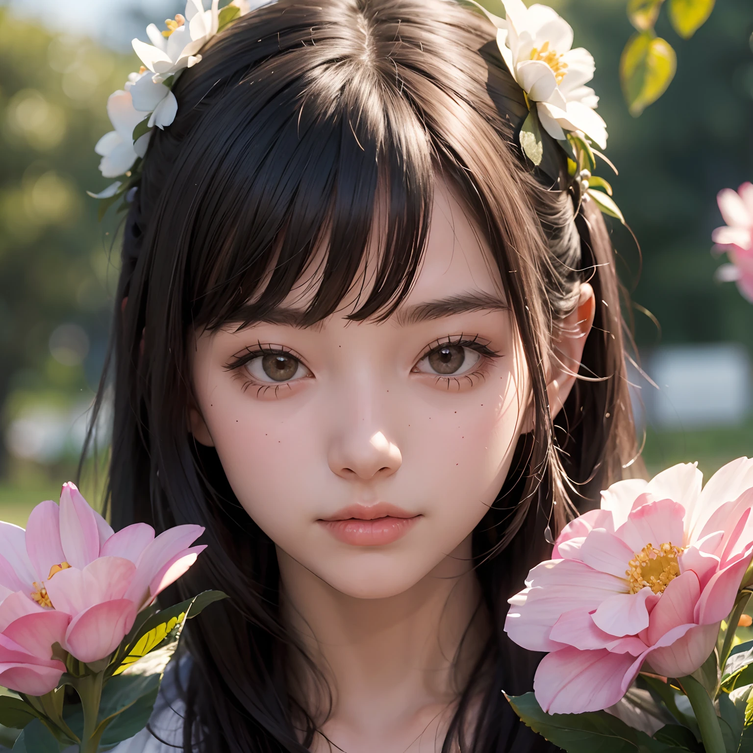 A close-up view of a girl with flowers in the background