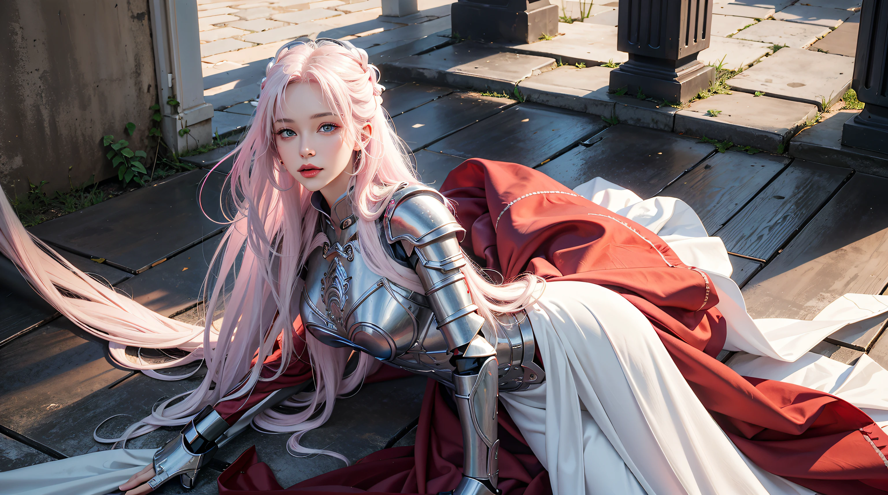 photorealistic, high resolution, 1women, shining skin, solo, hips up, tattoo, jewelry, pink lips, long white hair, blue eyes, closed mouth, castle, full armor, red armor, armored skirt, cloak,