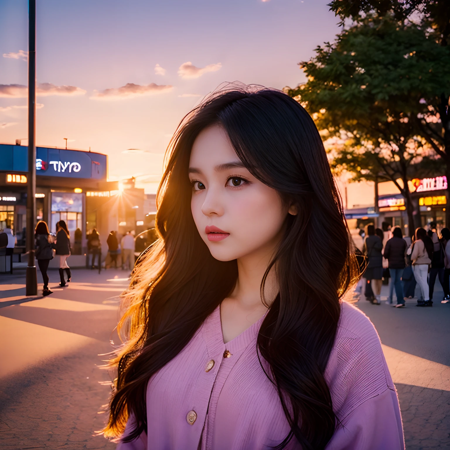 Sunset, City, Mall, Long-haired girl