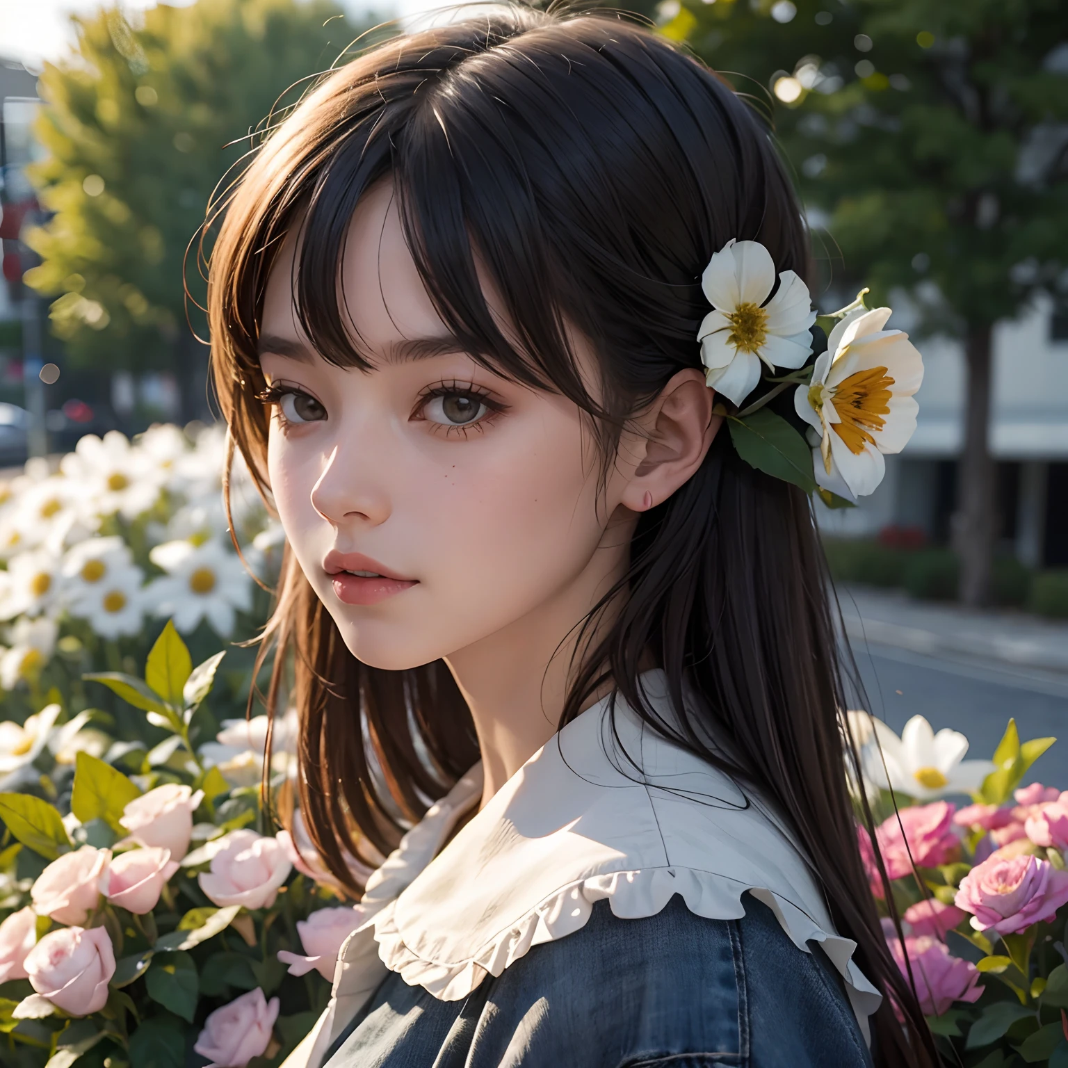 A close-up view of a girl with flowers in the background