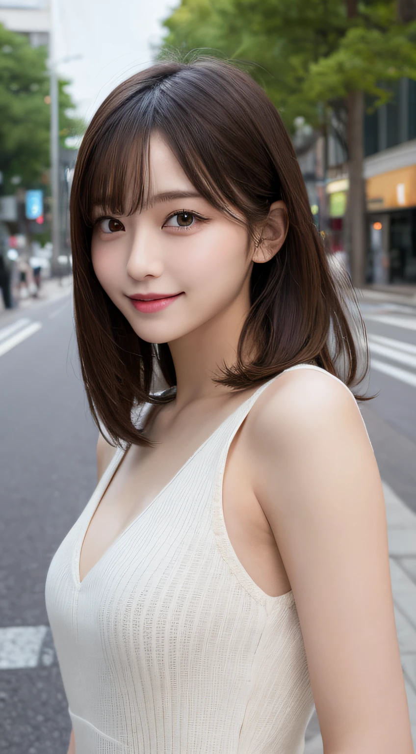 masuterpiece, Best Quality, Illustration, Ultra-detailed, finely detail, hight resolution, 8K Wallpaper, Perfect dynamic composition, Beautiful detailed eyes, doress,Medium Hair, Natural Color Lip, Random and sexy poses,Smile,Aoyama Street Walk、28 years girl