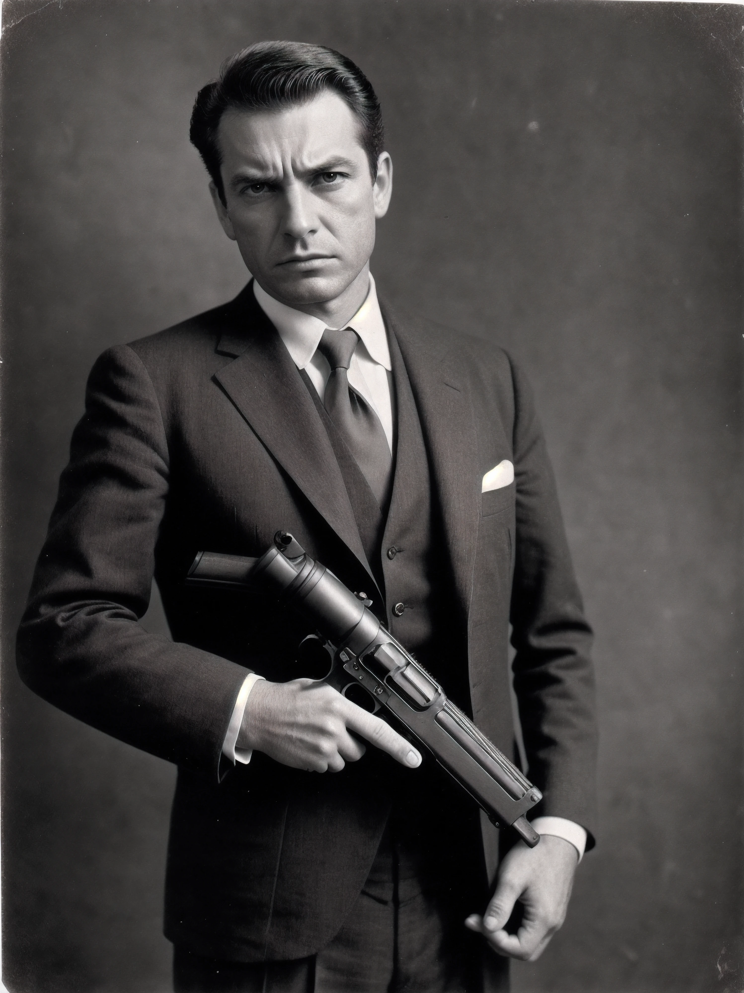 mich@3lc@ine, man wearing a suit, holding a gun (angry), vintage portrait photo