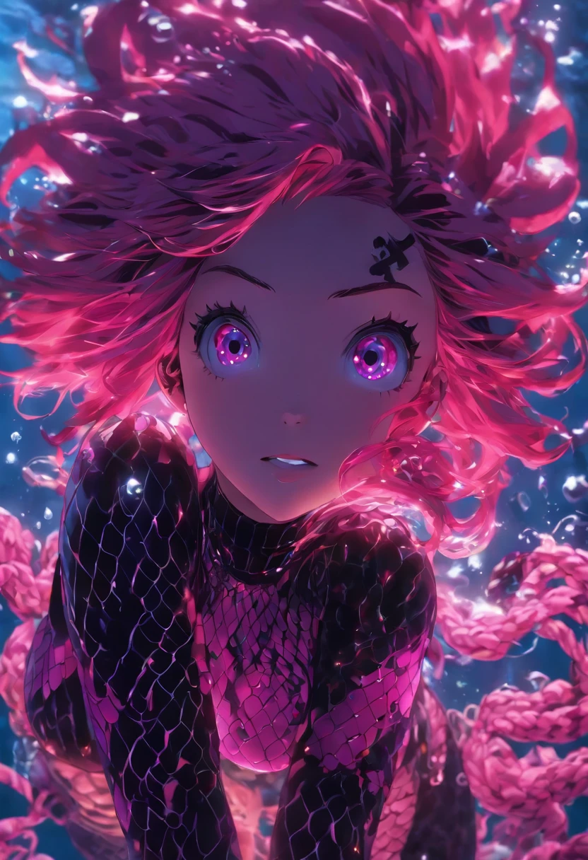 anime girl with pink hair and fishnets posing for a picture, scales covering her chest, biomechanical oppai, best anime 4k konachan wallpaper, seductive anime girl, oppai cyberpunk, ((pink)), ahegao, scales on her chest, anime monster girl, detailed digital anime art, lewd, covered in pink flesh, 8k high quality detailed art, underwater, falling into darkness