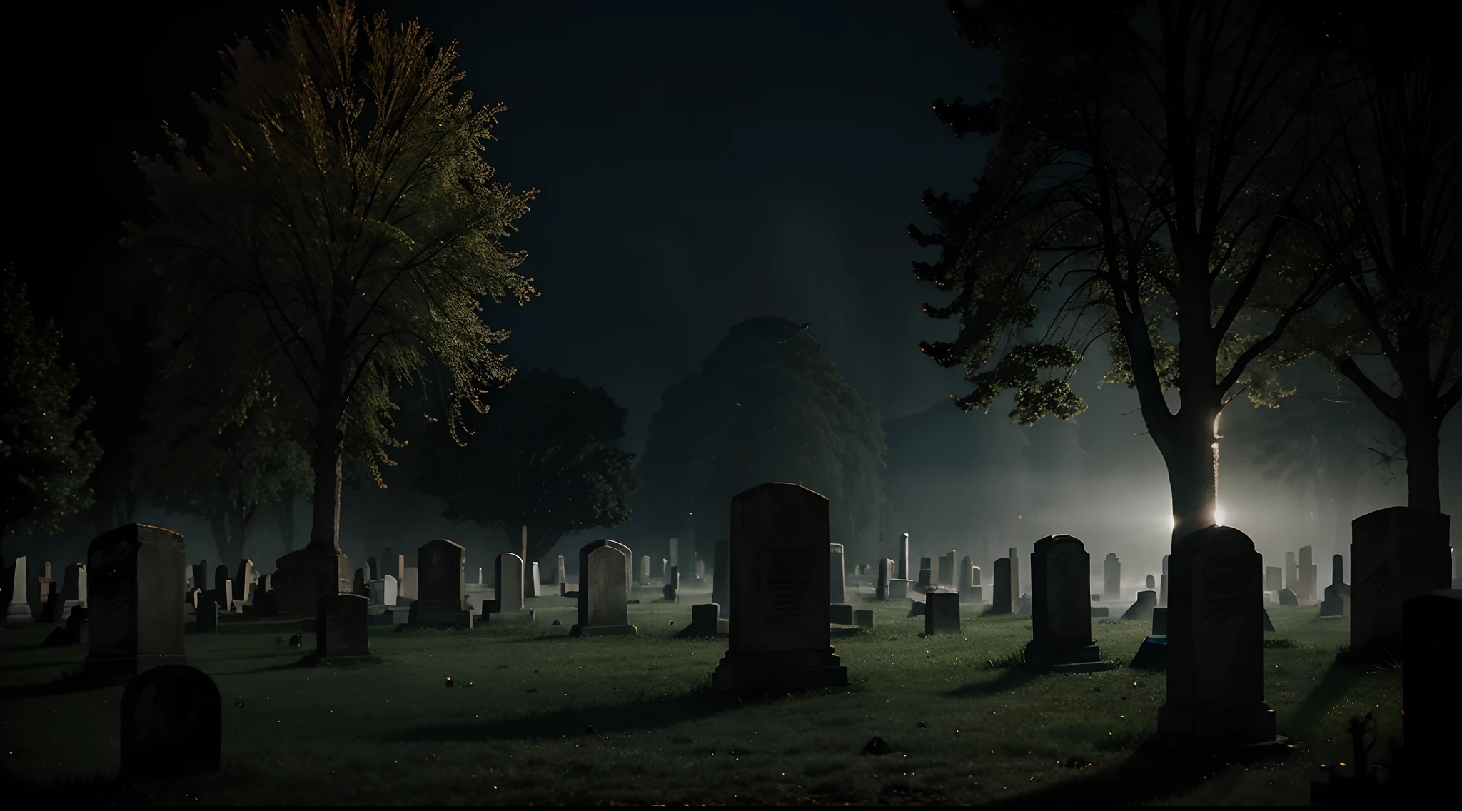 "Depict a mysterious nightscape in a city cemetery, with an emphasis on the eerie atmosphere created by the thick fog that surrounds the graves and the shadows that seem to come to life on the ancient tombstones. Convey the feeling that something supernatural is about to happen, and challenge the artist to capture the tension and mystery of this nocturnal setting."