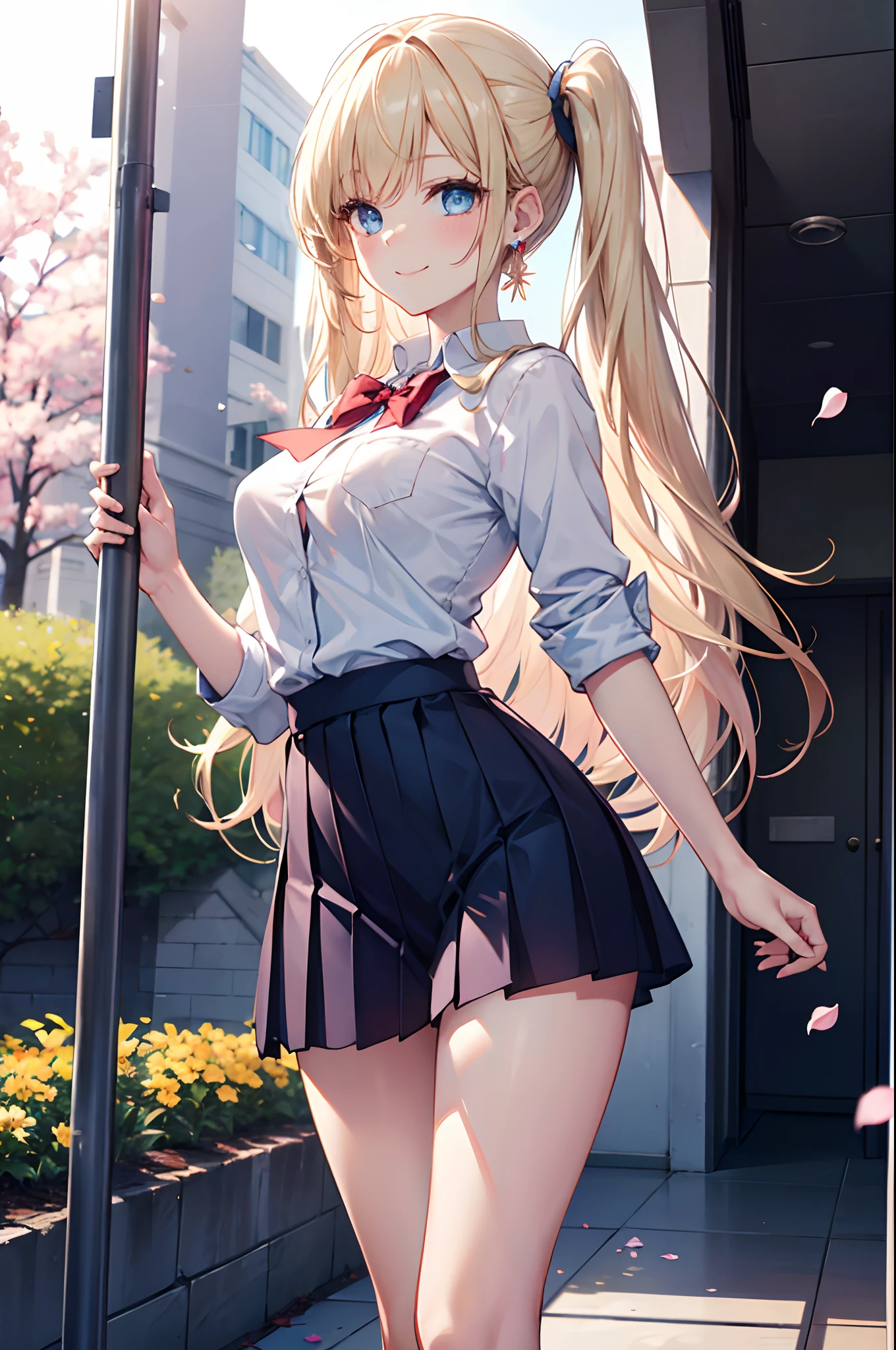 Realistic and detailed image of a girl dressed in school uniform and pleated mini skirt. She has long wavy blonde hair in pigtails. Blue eyes. She has earrings, long eyelashes. she has small breasts, slim waist, wide hips and thick thighs. smiling, pleased face. arched back. She is in a high school hallway next to a garden with flower petals falling around her.