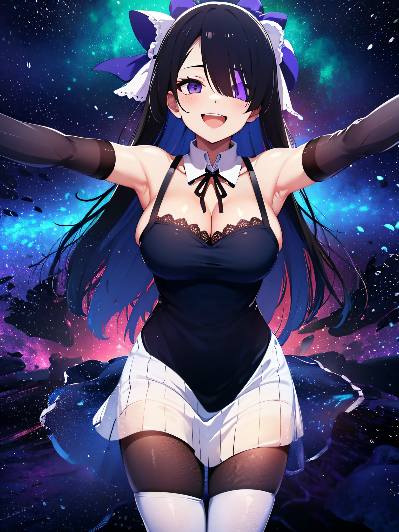 (masutepiece:1.3), (Best Quality:1.3), High resolution, Couboy Shot, I'm on the street with my arms outstretched and a big smile on my face.、Retro cityscape、Spread your arms、Hair color is purple、Long hair、Blue Mesh、blacklight、Squat position、Vivid sea、Iridescent Sea、huge smile、Spectacular background、The sun's rays illuminate her so beautifully, (One Cute Girl:1.3), 、Long hair, Hair over one eye, Large breasts, Neck ribbon, Swim in the sea、Spectacular sunlight seen from the deep sea、Dress, Detached sleeves, White Apron, Waist apron, White pantyhose