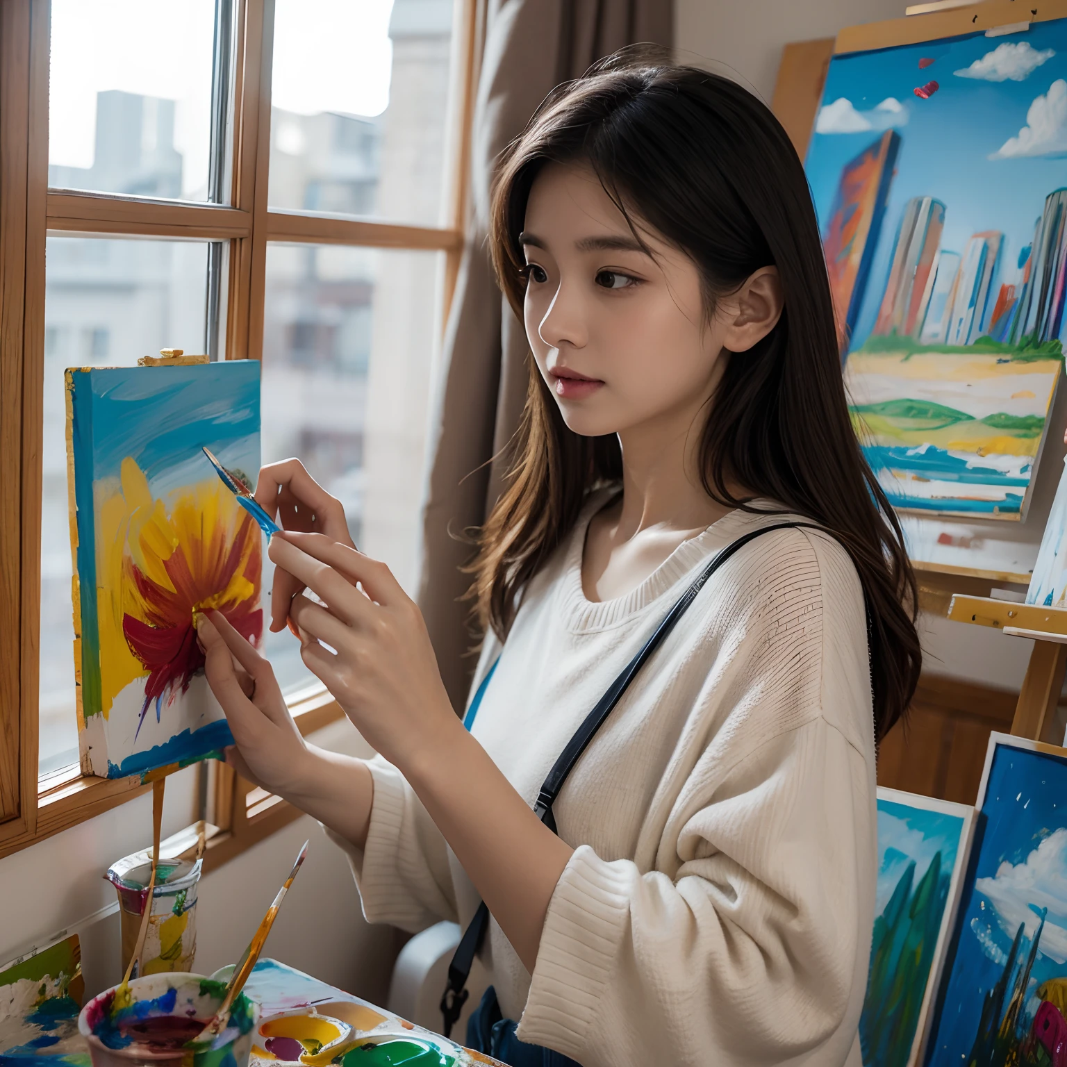 raw photo , 8K, ultra detailed, 1girl, mini dress, (laugh1.3) ,(painting:1.6),