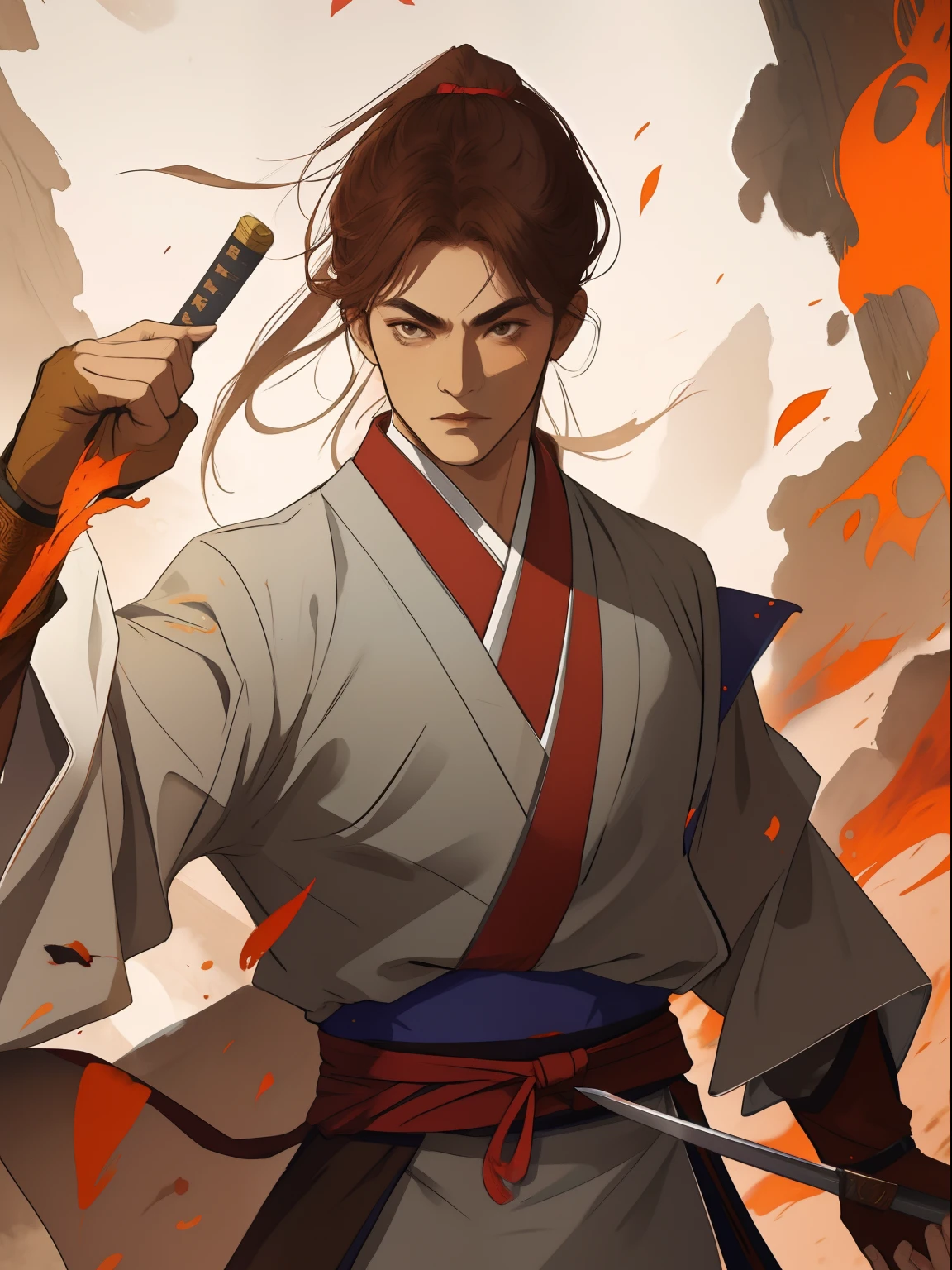 The picture is mainly brown,Martial arts style clothing,chieftain