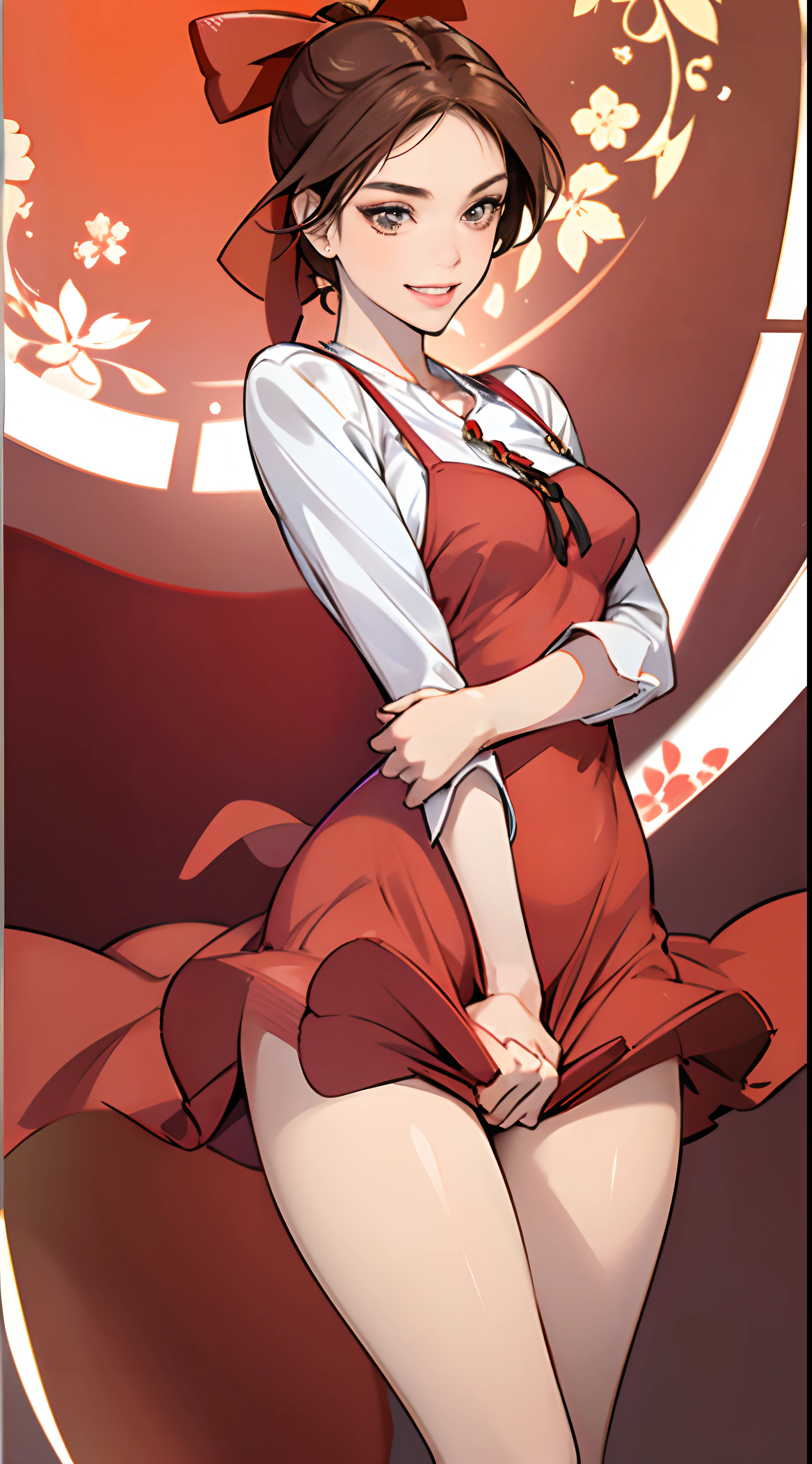 1womanl,Brown hair,Red ribbons ,Natural smile,Beautiful breasts,White shirt,Red dress,well-styled,full bodyesbian,
