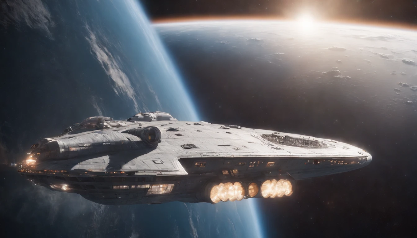An astronauts back in front of a colossal Space ship the size of 3 cities in length, in the shape of a destroyer battlestar galactica ship, floating in space, computer background, cinematic, realism, crystal clear, micro-details, photo-realism, photo-realistic