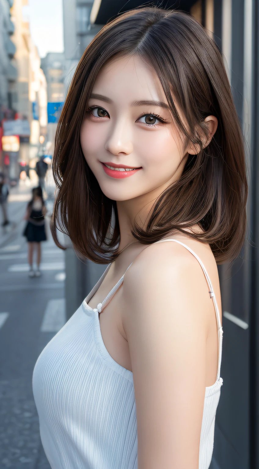 masuterpiece, Best Quality, Illustration, Ultra-detailed, finely detail, hight resolution, 8K Wallpaper, Perfect dynamic composition, Beautiful detailed eyes, doress,Medium Hair, Natural Color Lip, Random and sexy poses,Smile,Aoyama Street Walk、28 years girl