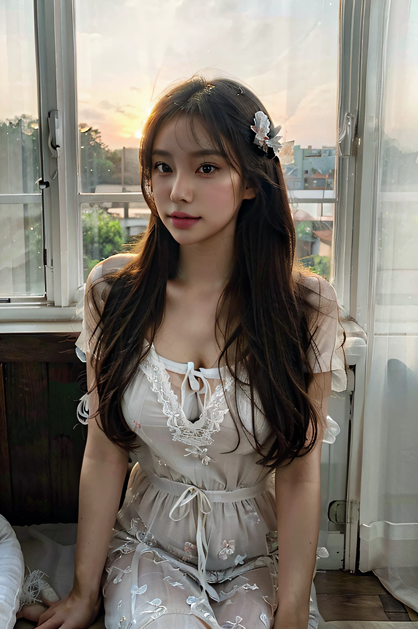 highres, realistic, woman sitting by the window, sunrise, transparent negligee, Canon EOS 5D, detailed face, beautiful detailed eyes, detailed lips, long eyelashes, natural makeup, serene expression, flowing long hair, gentle sunlight, soft pastel colors, peaceful atmosphere, cozy interior, vintage decor, lace curtains, wooden floor, flower vase, rustic charm, calm and tranquil ambiance, morning haze, delicate floral patterns, ethereal beauty