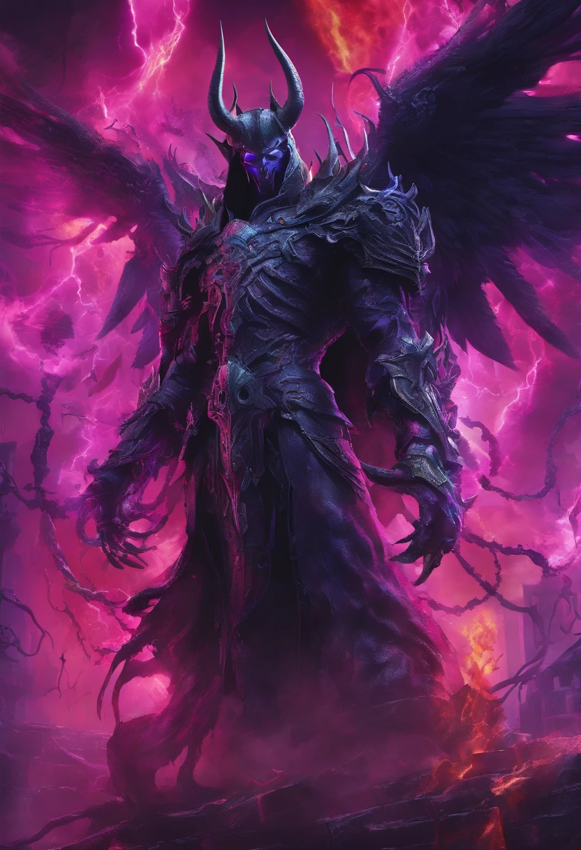 (best quality,4k,8k,highres,masterpiece:1.2),ultra-detailed,(realistic,photorealistic,photo-realistic:1.37),evil demon with glowing purple abyssal powers,casting mystic soul spells,handsome demon,large jagged demonic horns,massive demon angel wings,dark and ominous atmosphere,sinister grin,piercing glowing red eyes,demonic aura,enchanting purple mist,shadowy background,epic and dramatic lighting,otherworldly beauty,dramatic pose,fiery brimstone backdrop