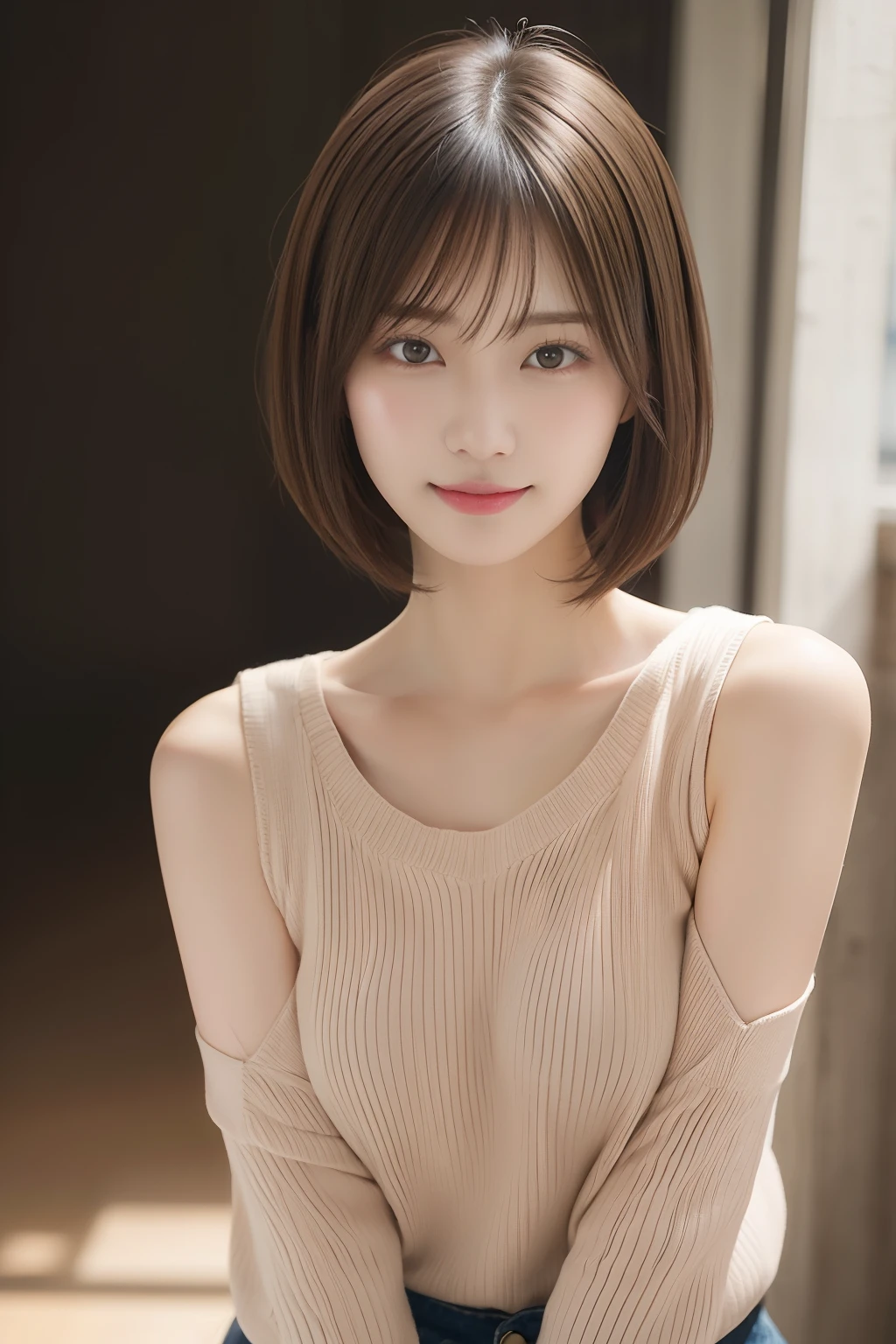 (​masterpiece:1.3), (8K, Photorealsitic, Raw photography, Top image quality: 1.4), japanes, (1girl in), beauitful face, (Lifelike face), (A dark-haired, short-hair:1.3), Beautiful hairstyle, realisticeyes, Eyes in Beautiful Details, (real looking skin), Beautiful skins, enticing, 超A high resolution, A hyper-realistic, high detailing, the golden ratio, prety woman:1.4、light brown hair、top-quality、​masterpiece、超A high resolution、(Photorealsitic:1.4)、Highly detailed and professional lighting smile、Loose and light knitwear、Shoulder out、slender、serious facial expression、Longhaire、Fatal position、乃木坂アイドル、韓国アイドル、hposing Gravure Idol、女優、25-years old、tall, Glamour、flank、(age19:1.5),