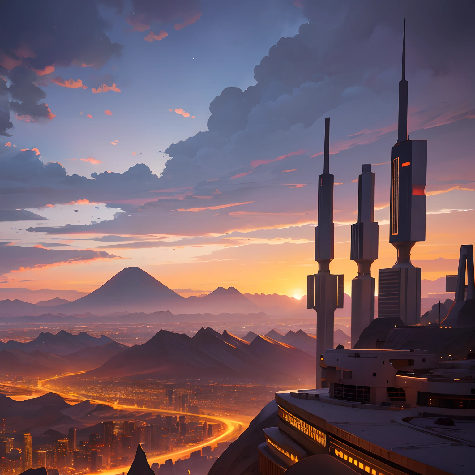 Mountains at sunset, Futuristic city in the desert as background, low clouds cover the mountain, Realistic+High intricate details, Colorful clothing, full bodyesbian, 16k.