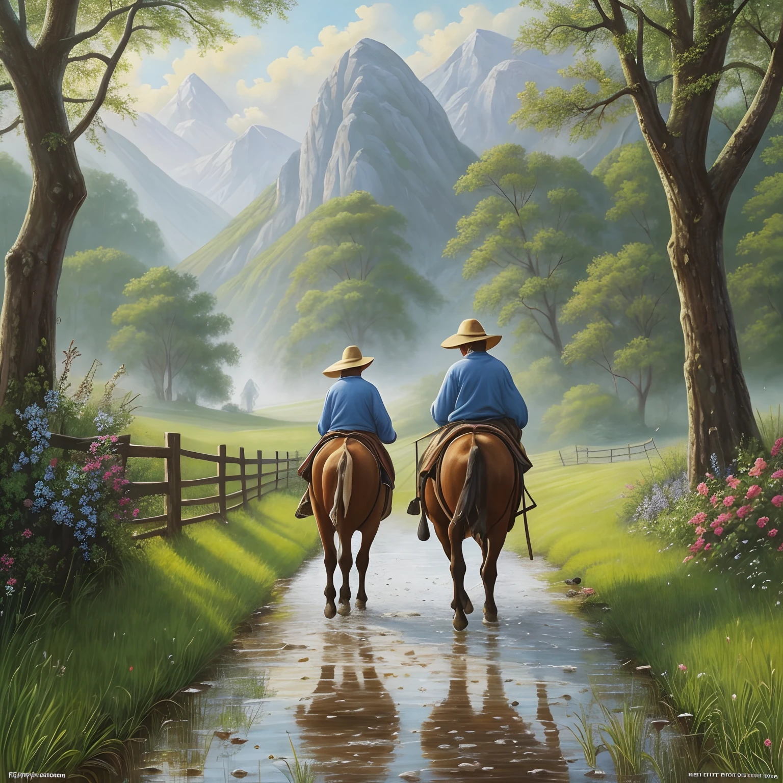 Title: "A Farmer Walking with His Cow in the Fields after the Rain"
Background: The sky is gradually becoming brighter after the rain. The green plants in the fields look more vibrant after being washed by the rain, and dewdrops glisten on the tips of the leaves. In the distance, mountains are visible through the thin mist.
Center: A farmer is walking with his cow in the fields. The farmer is wearing a traditional blue cloth robe and a hat, with a friendly smile on his face. He lightly holds the cow’s rope and guides the animal forward, their pace slow and steady.
Details: The farmer’s skin has a healthy sun-tanned color, and his eyes sparkle with wisdom. The cow’s body is strong, with shiny hair, and it appears very docile. Their footsteps leave a damp trail behind them on the soaked ground, contrasting with other elements in the background.
Foreground: In the foreground of the painting, you can depict some details such as the rain-soaked ground, splashed water from the cow’s hoof, newly blooming flowers, and butterflies fluttering around. These details will enhance the vividness and realism of the painting.
Light and Shadow: Use light and shadow to create a three-dimensional effect. The sun shines through the clouds and illuminates the farmer and his cow, casting a bright light. At the same time, you can create some shadows elsewhere in the painting to emphasize the fresh and moist feeling of the rainy morning atmosphere.
Overall Style: The painting shows a quiet and peaceful atmosphere. Choose soft colors such as green, blue, and gray to present the beauty of nature and the fresh feeling of the rainy morning. Through carefully designed light and shadow effects, add more depth and dimension to the painting.