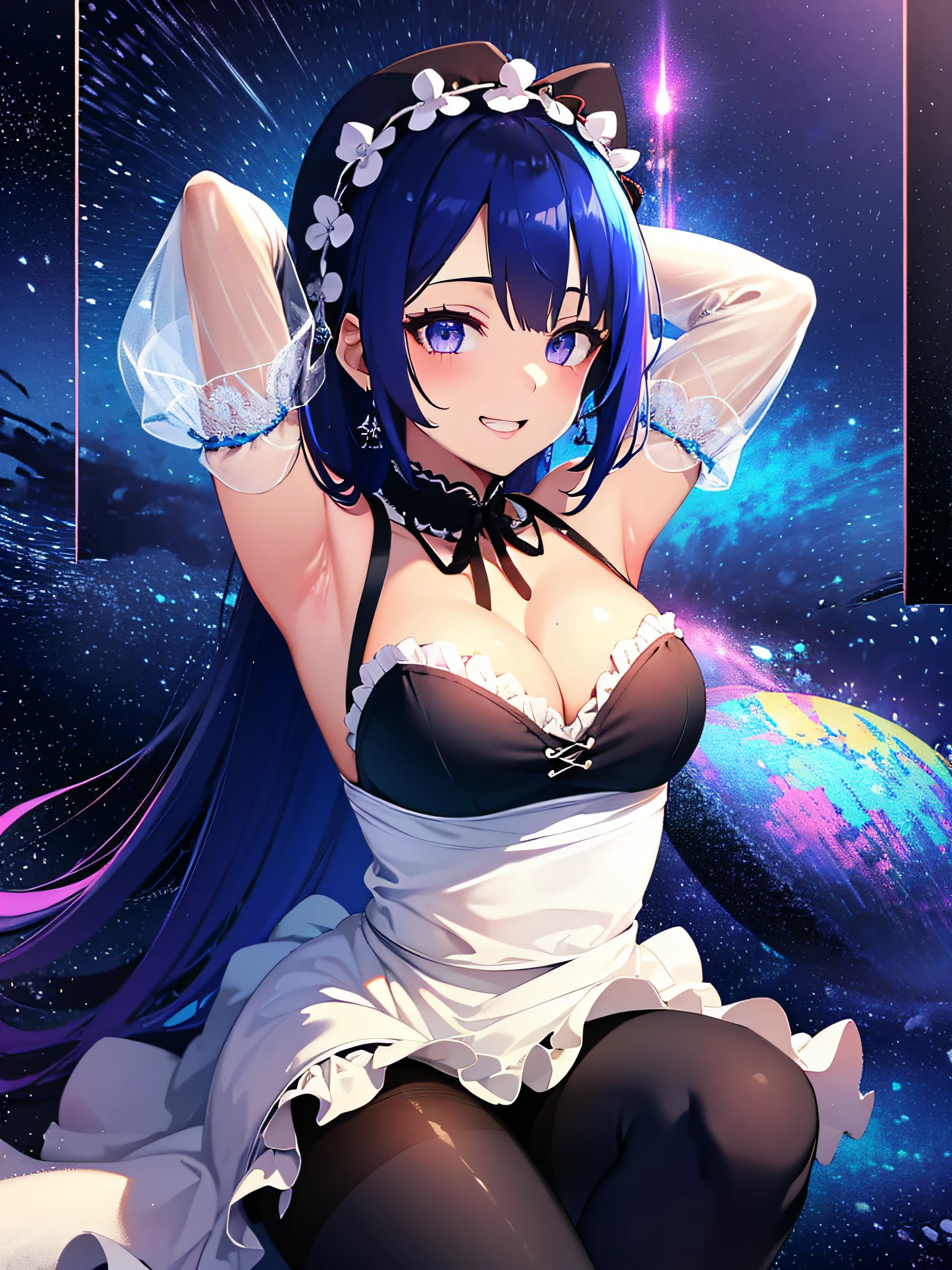 (masutepiece:1.3), (Best Quality:1.3), High resolution, Couboy Shot, I stretch my arms diagonally down and stick my chest out.、I have a big smile on my face.、Retro cityscape、Spread your arms、Hair color is purple、Long hair、Blue Mesh、blacklight、Squat position、Vivid sea、Iridescent Sea、huge smile、Spectacular background、The sun's rays illuminate her so beautifully, (One Cute Girl:1.3), 、Long hair, Hair over one eye, Large breasts, Neck ribbon, Swim in the sea、Spectacular sunlight seen from the deep sea、Dress, Detached sleeves, White Apron, Waist apron, White pantyhose