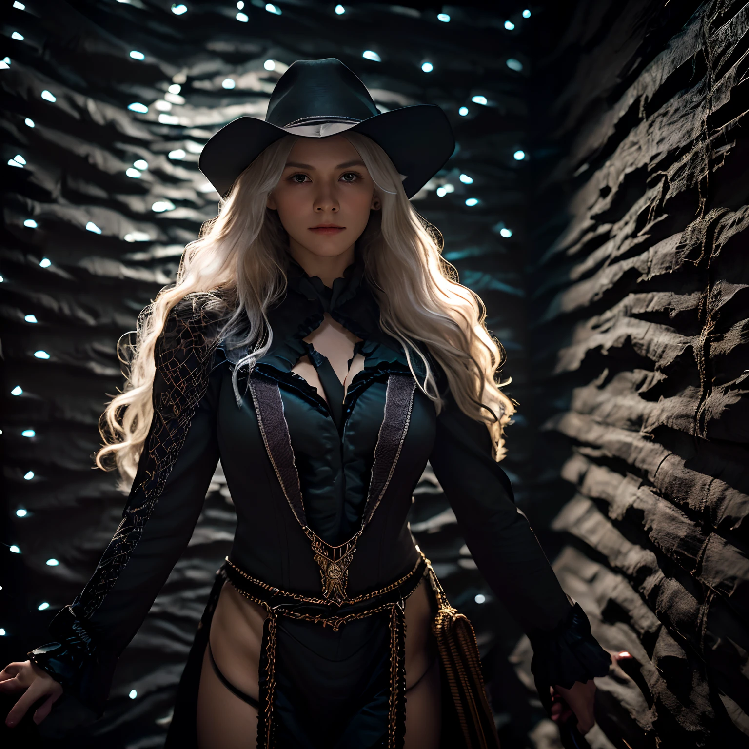 (Front focus), (In the dark:1.6), Surrealistic Female Portraits by David Hockney and Alphonse Mucha, Fantasy art, photograph realistic, Dynamic lighting, art  stations, poster for, voluminetric lighting, Very detailed faces, 4 k'', Award-Awarded, 1girll, In the dark, deepshadow, low tune, Cowboy sy outfit), Long hair, White hair