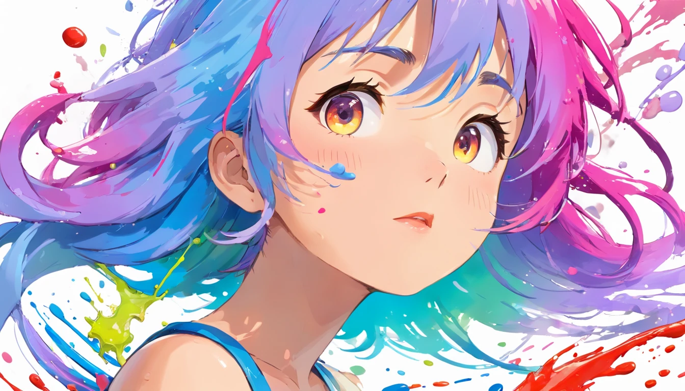 (Masterpiece, Best Quality, High Resolution), White Background, ((Paint Splash, Color Splash, Splash of Ink, Color Splash)), Sweet Chinese Girl, Rainbow Hair, Pink Lips, Front, Upper Body