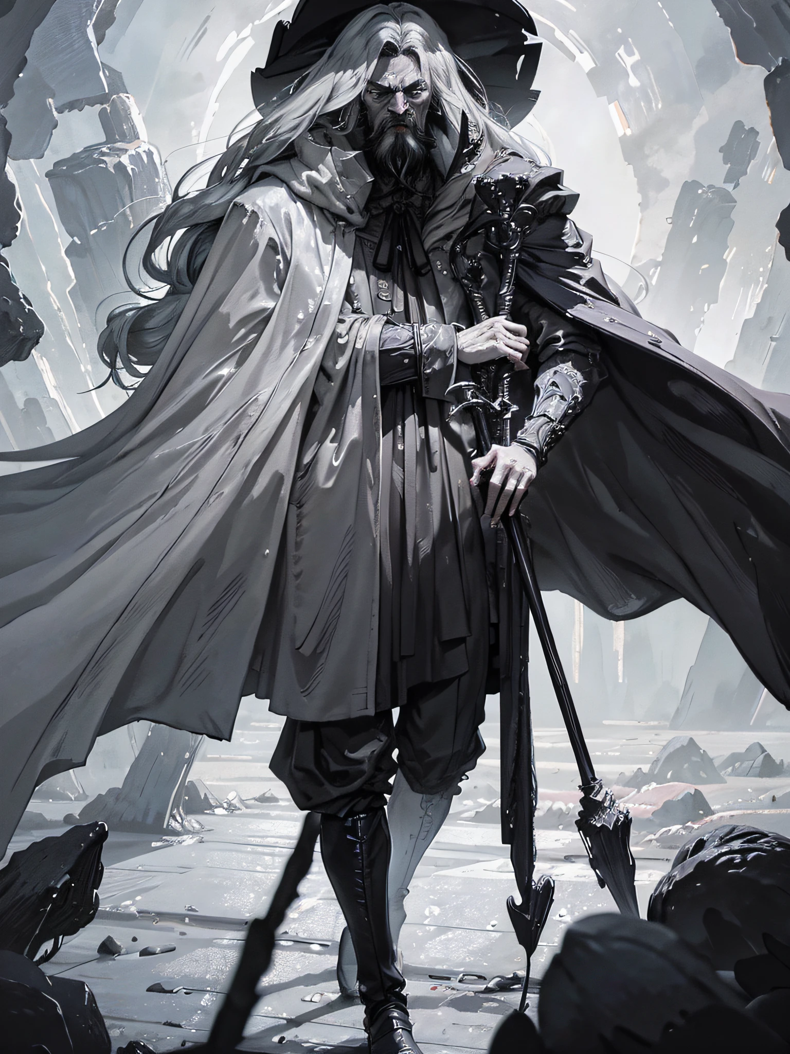 A High Mage with a very very large wizard's hat that covers part of his face, angry face with neon flash lit eyes, gray and very long beard down to his knees, holding his crystal staff, long black dress and cloak, clothing full black, emanating extremely dark aura, Full body, FULL BLACK, {extremely detailed 8k CG unit wallpaper}, expansive landscape photography, (a low view with focus on character and setting), (wide view of wide field), (low angle shot), (high light: 1.0), (low light: 1.6), (warm light source: 1.2), complex details, (iridescent colors: 1.8), (bright lighting), ( atmospheric lighting), dreamy, magical, surrealistic