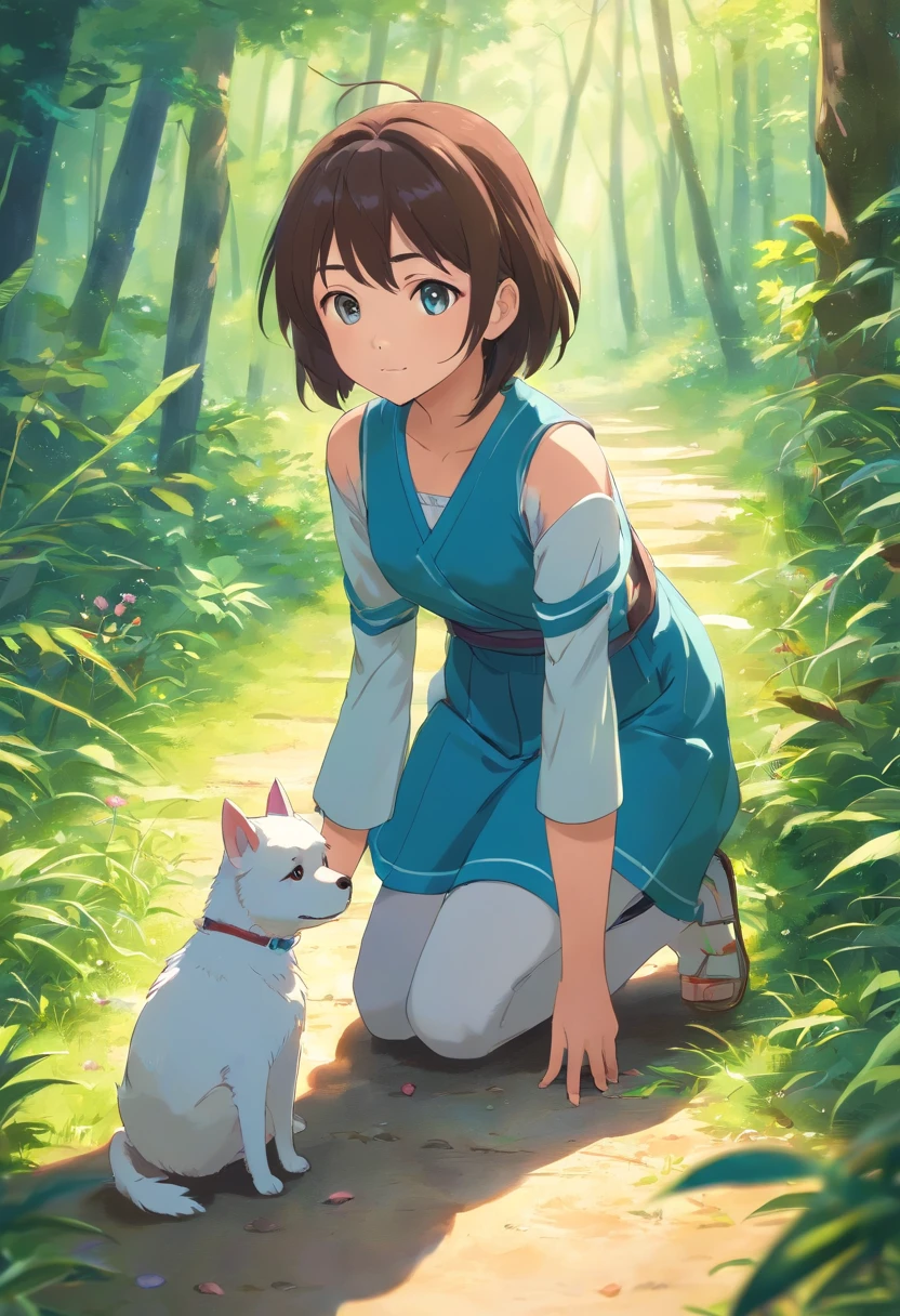 (best quality,Alto:1.2),fotorrealista,anime,princesa,garota,vestido branco,pequeno,bonitinho,cartoon dog,(Girl bent down holding a small injured bird)nas maosRio Claro,floresta,luz solar,contato visual