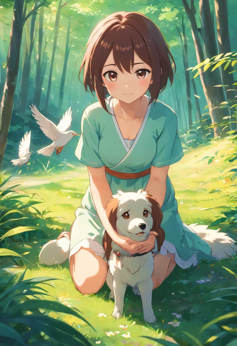 (best quality,Alto:1.2),fotorrealista,anime,princesa,garota,vestido branco,pequeno,bonitinho,cartoon dog,(Girl bent down holding a small injured bird)nas maosRio Claro,floresta,luz solar,contato visual